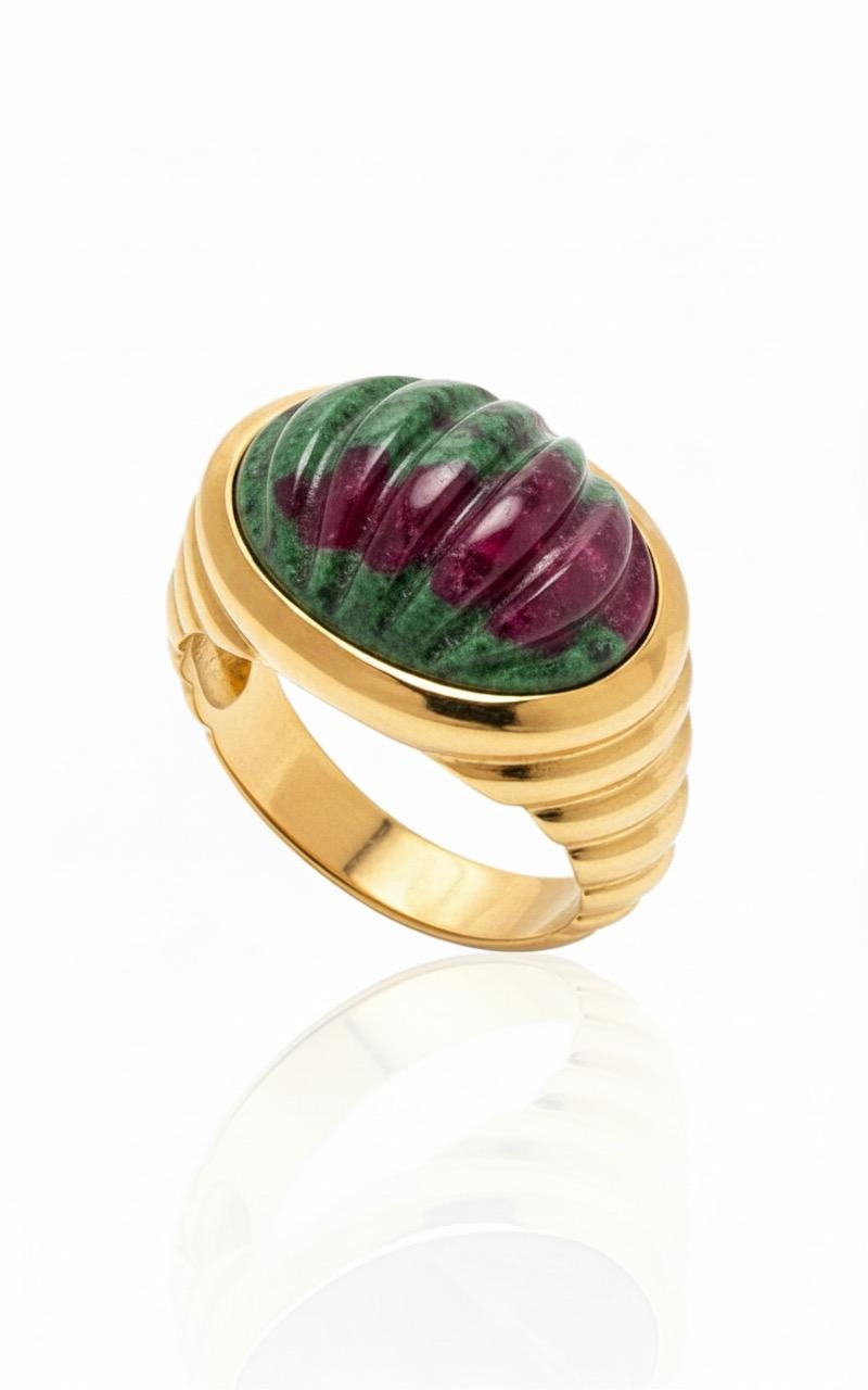 Vintage Art Deco Fluted Lapis Lazuli Cocktail Ring in 18K Solid Gold – Minimalist Ribbed Band Statement Ring