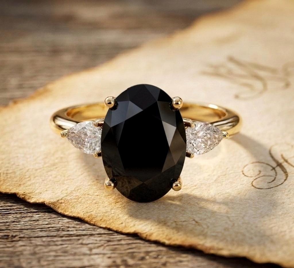 18k Solid Gold Black Onyx Engagement Ring Pear Cut Diamond Three Stone Ring
