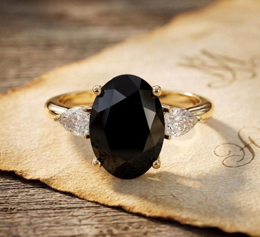 18k Solid Gold Black Onyx Engagement Ring Pear Cut Diamond Three Stone Ring