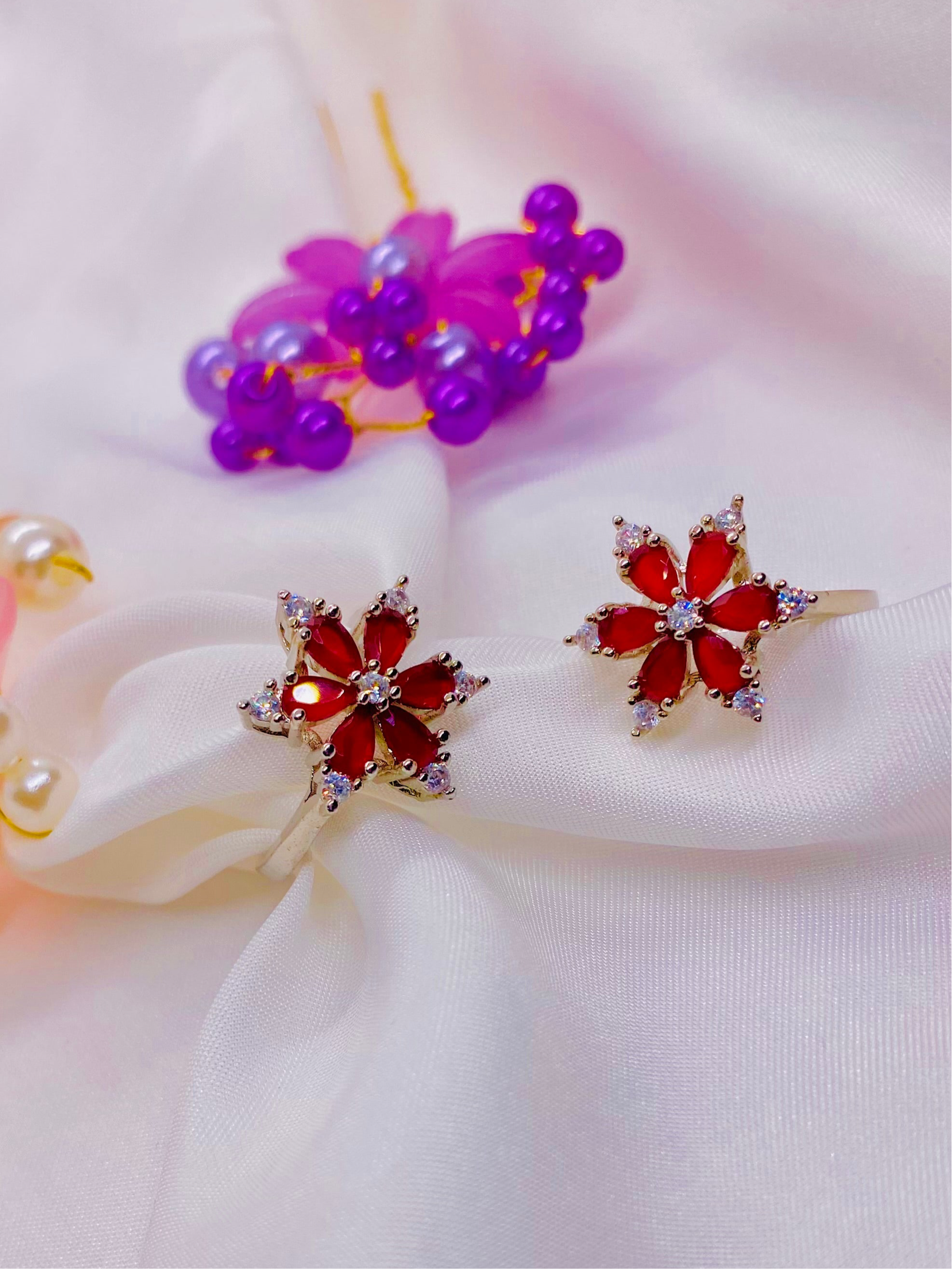 Charming Red Blossom Rings with Crystal Accents