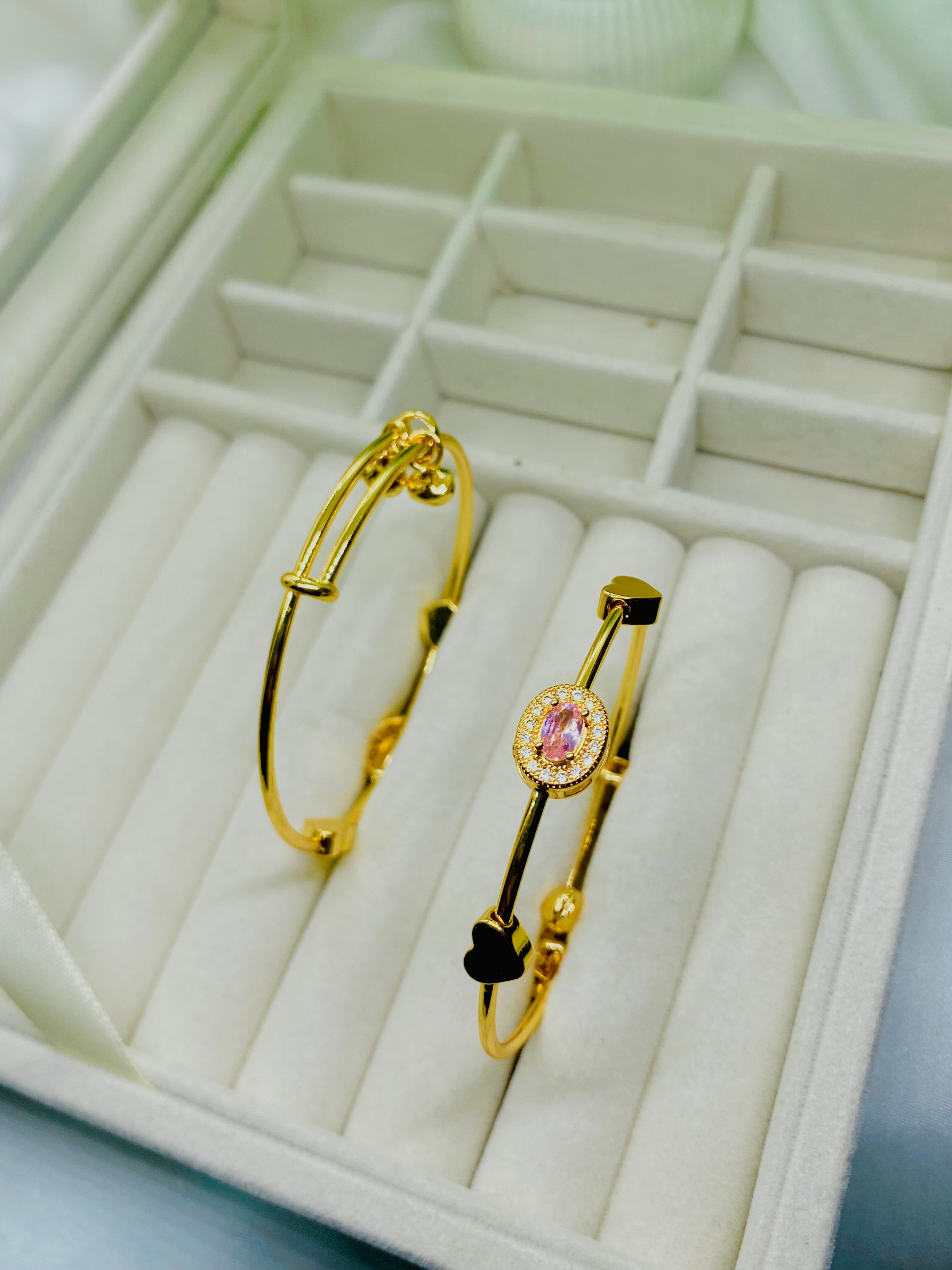 Elegant Gold Bangles with Pink Stone and Heart Charm