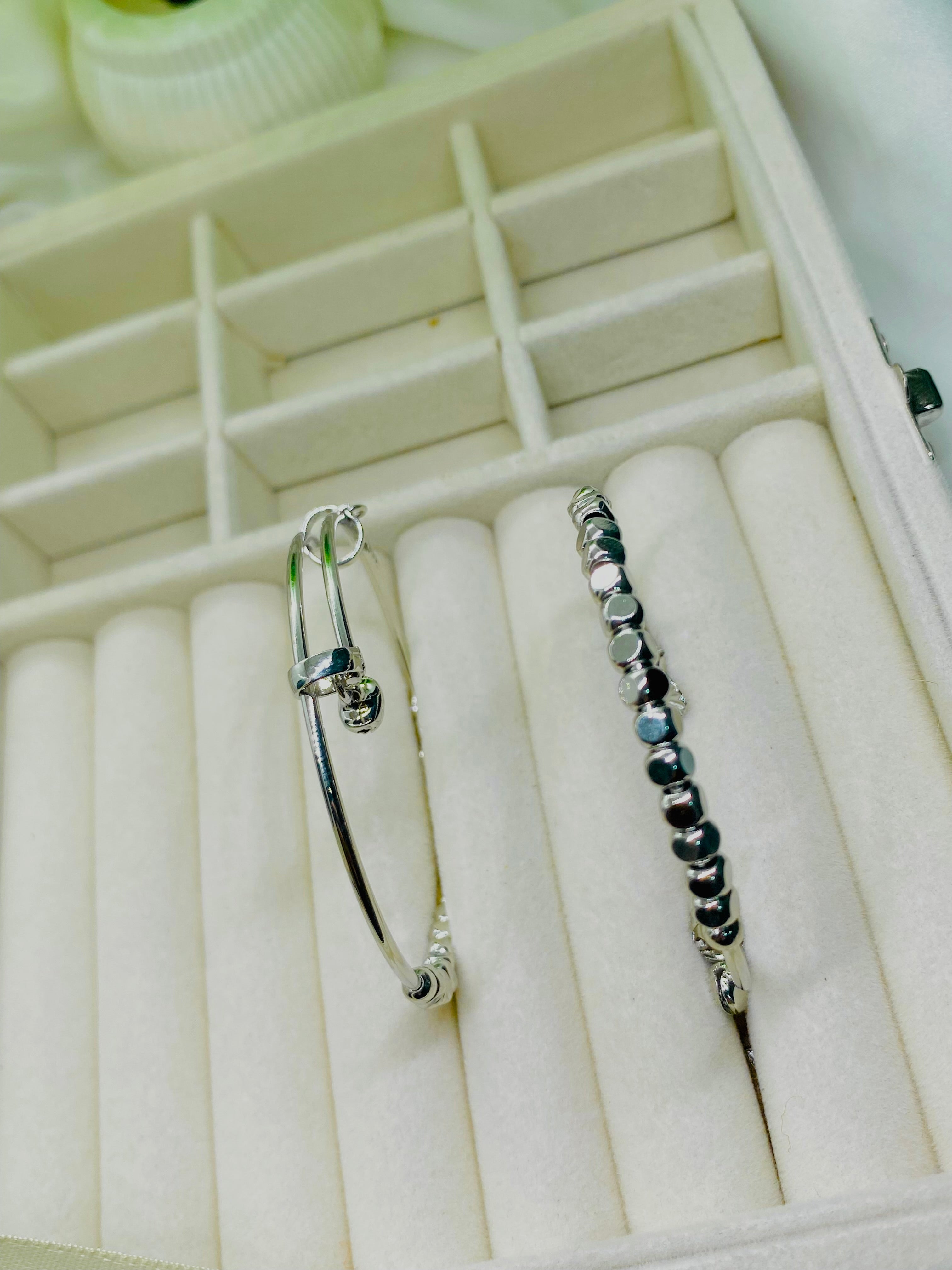 Lunar Bead Elegance Silver Bangle Duo