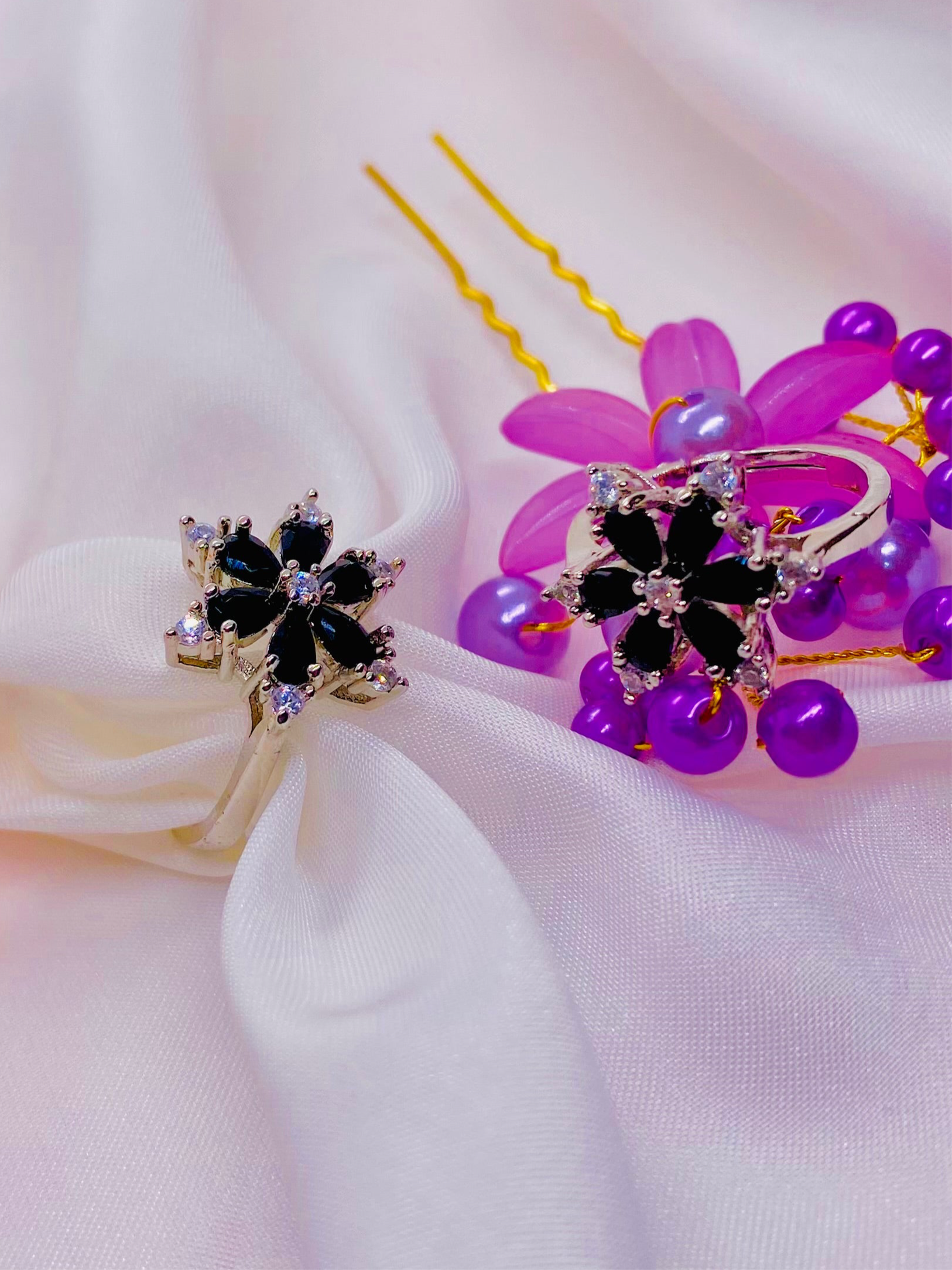 Elegant Midnight Blossom Ring in Silver Finish