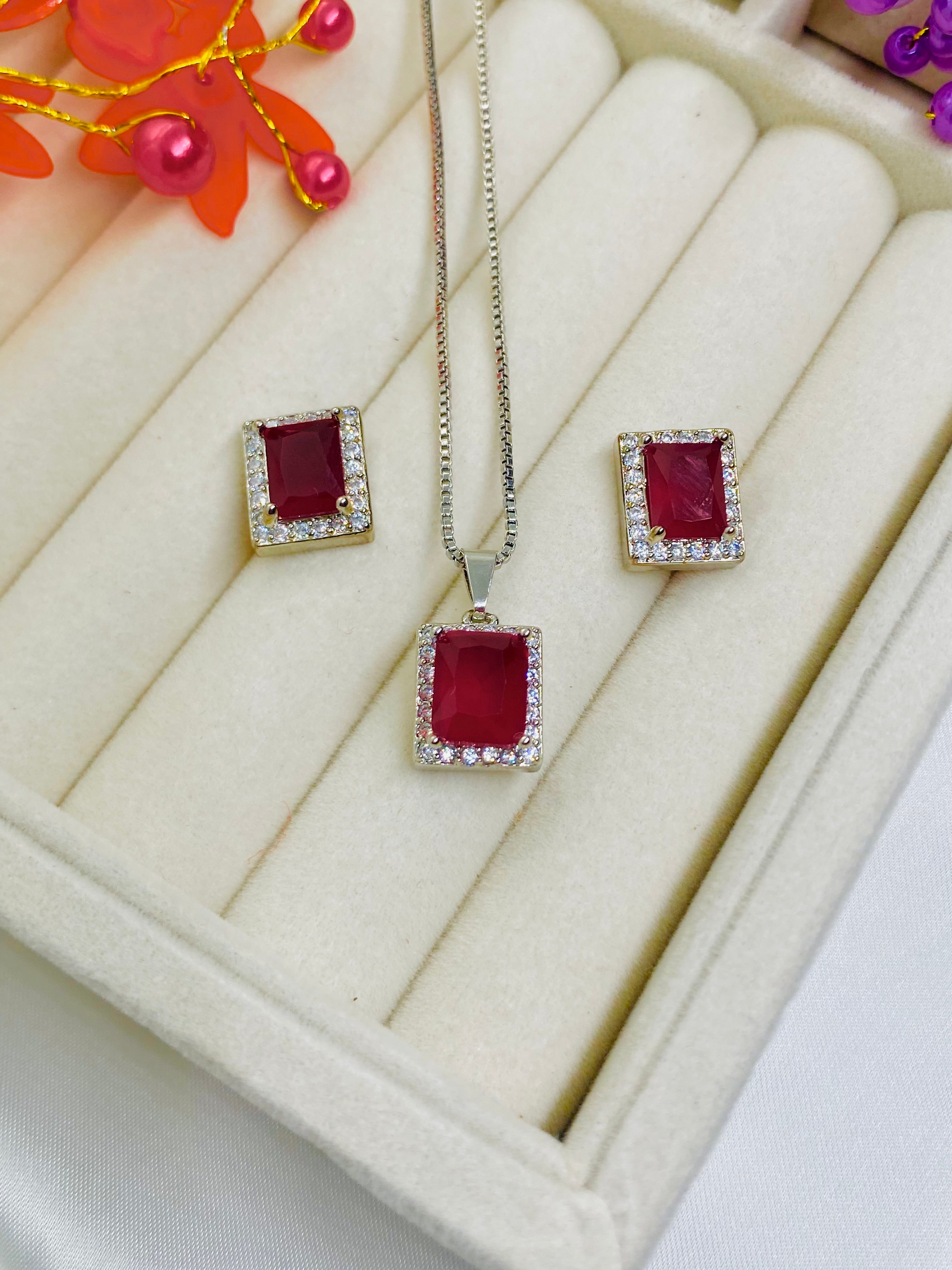 Elegant Ruby Red Pendant and Earring Set with Sparkling Accents