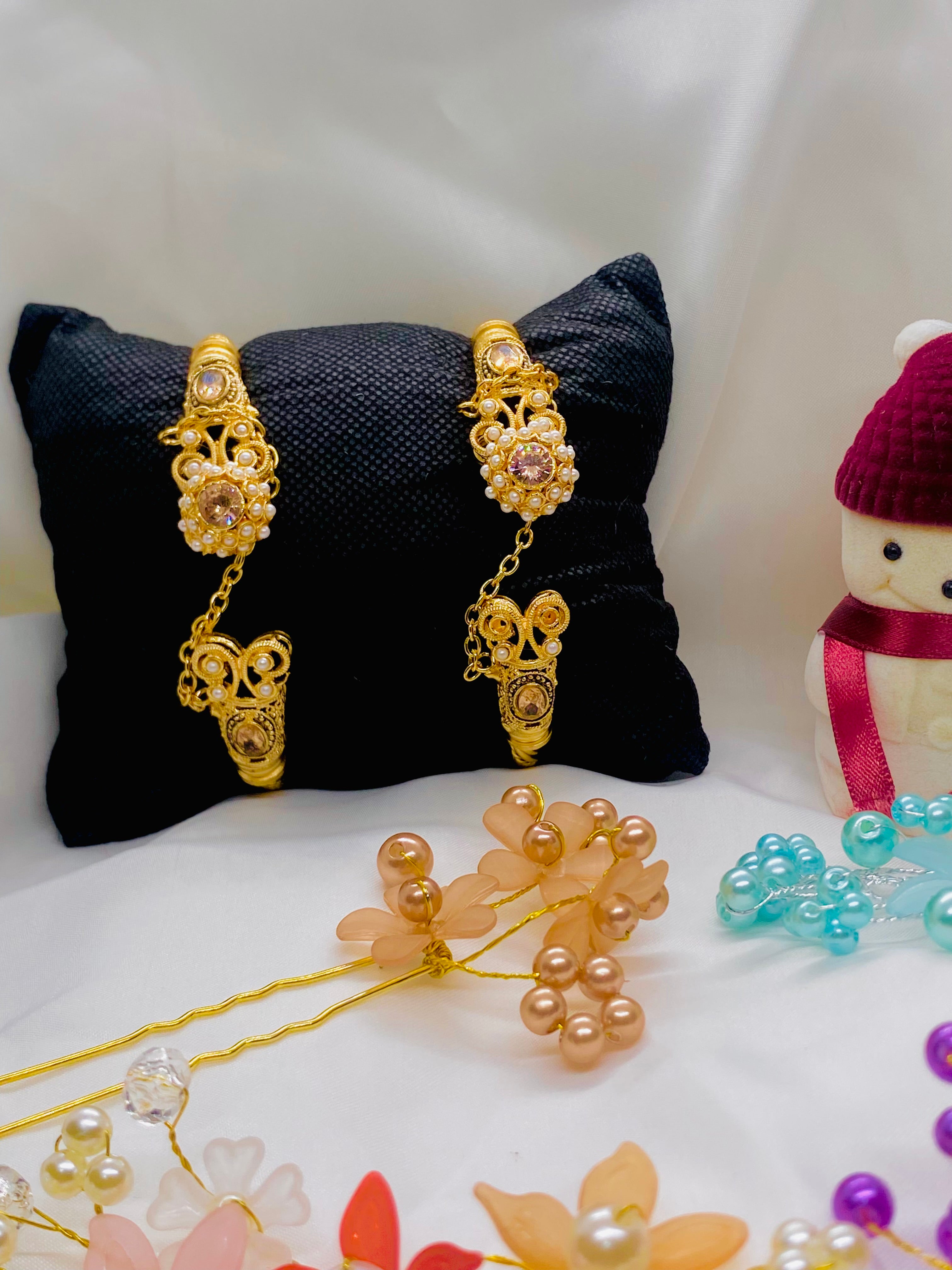 Gold-Plated Bangles with Attached Hathphool – Pearl & Stone
