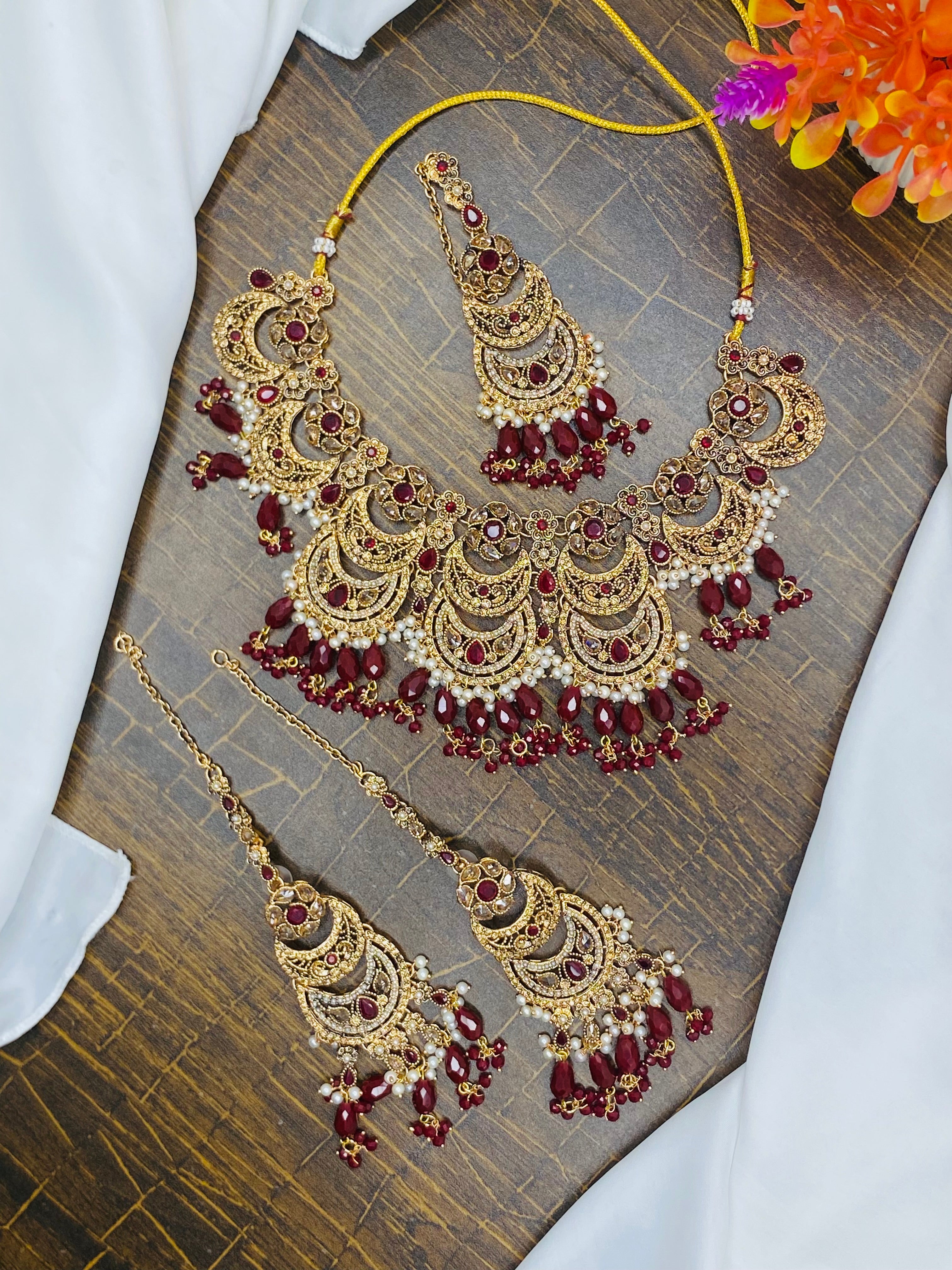 Antique Gold-Plated Maroon Stone Bridal Jewelry Set