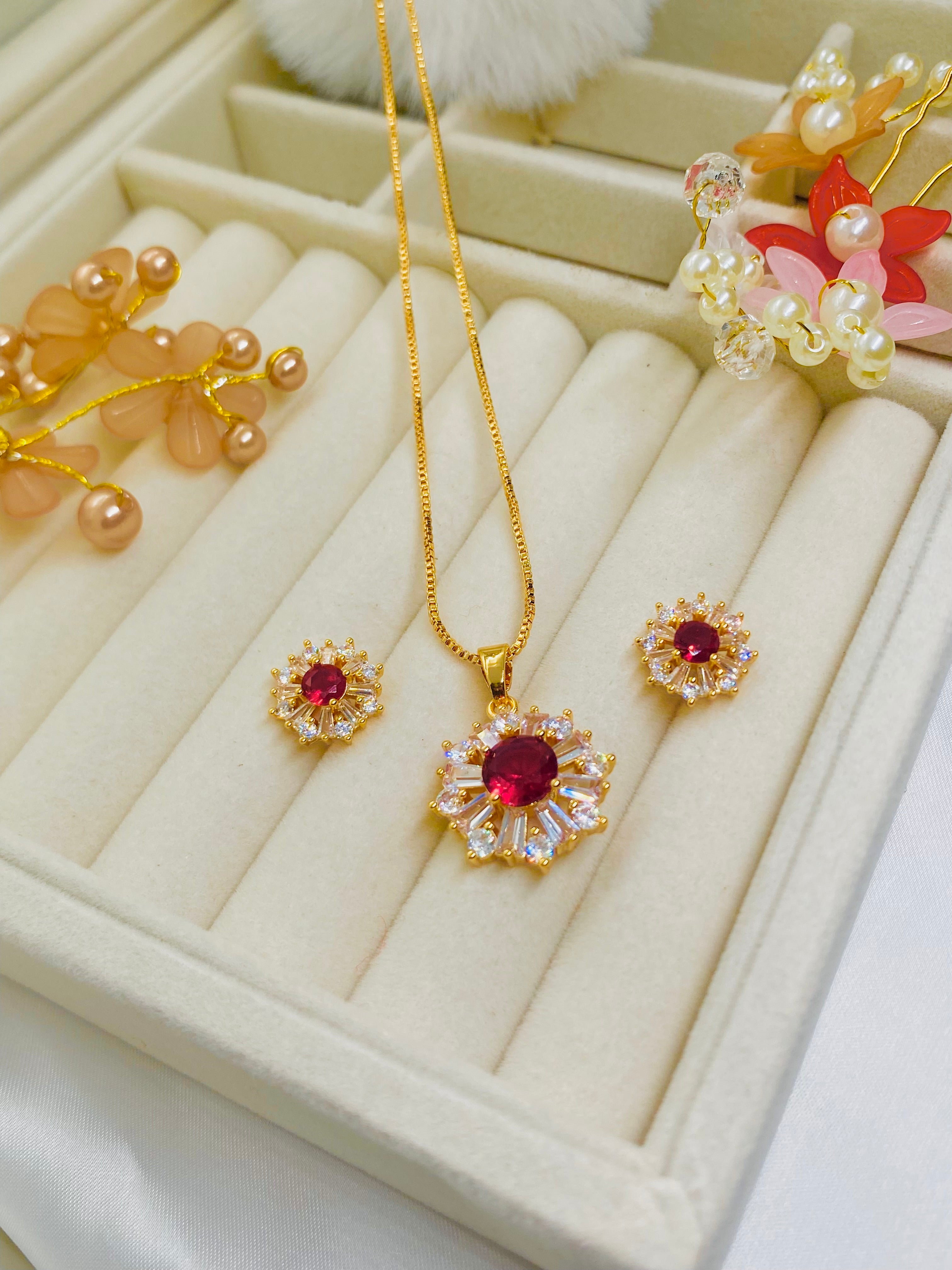 Elegant Ruby Radiance Necklace & Earring Set