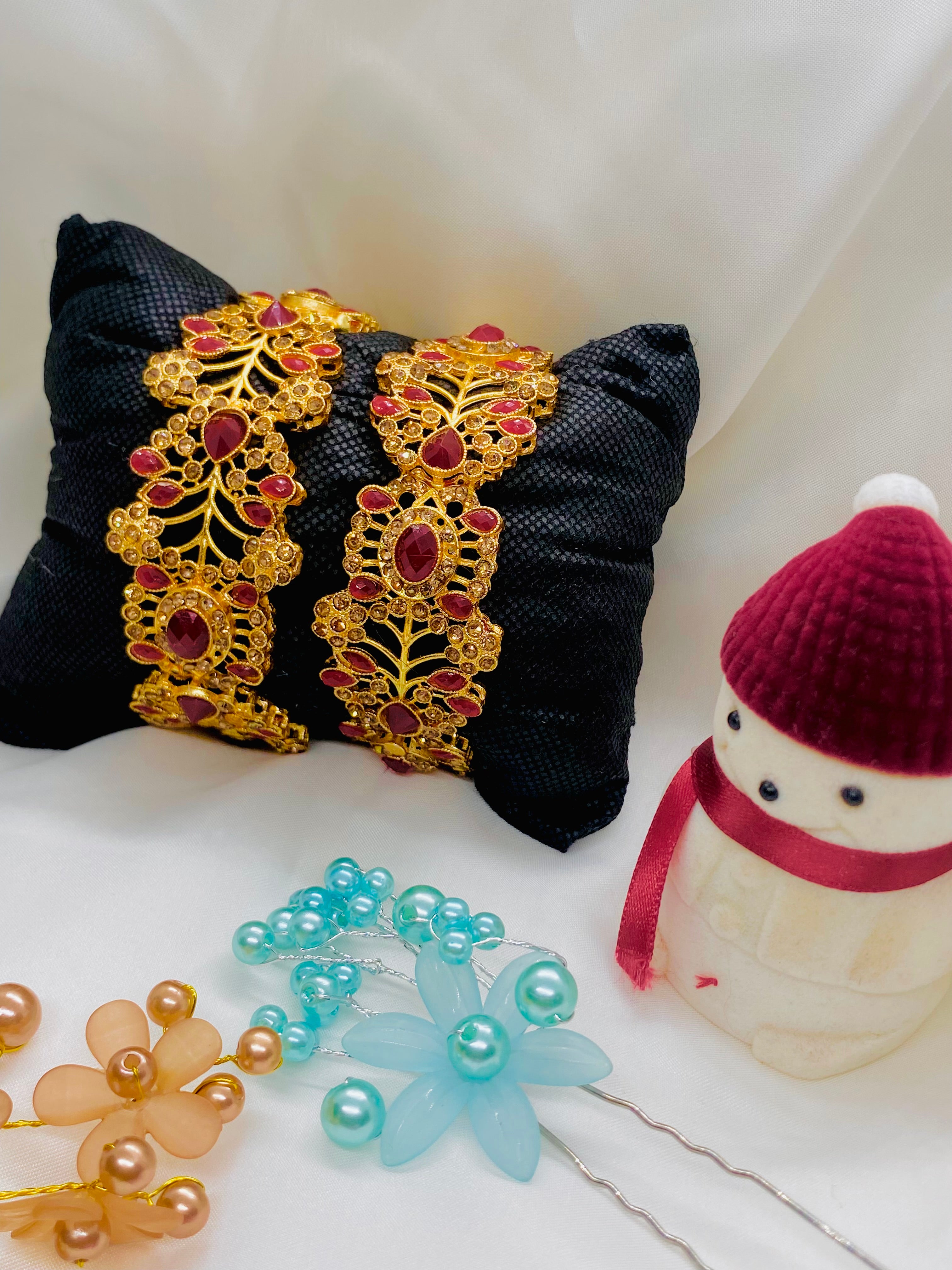 Royal Ruby-Red Stone Bangles with Gold Floral Filigree