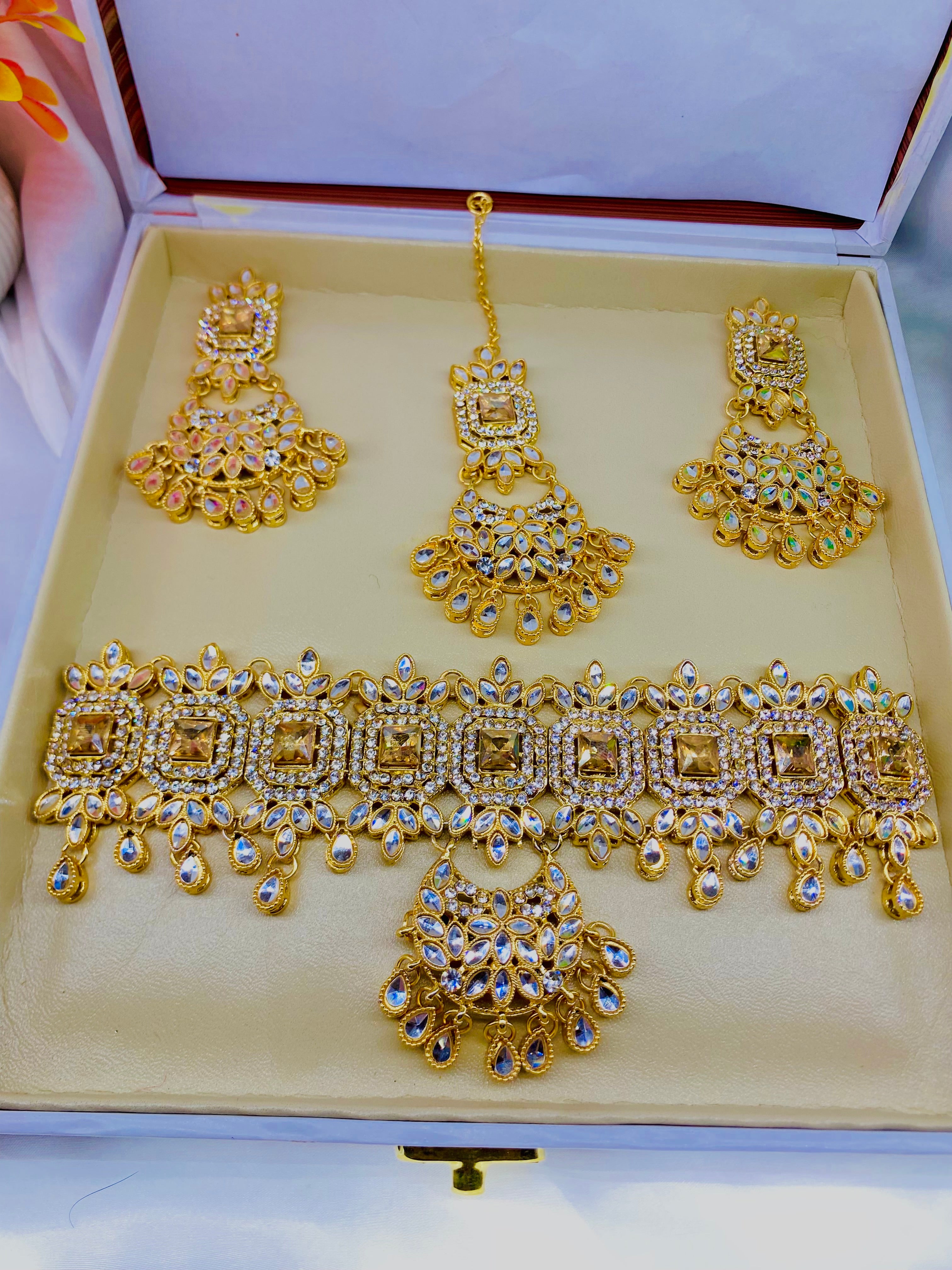 Elegant Gold-Tone AD Stone Choker Set with Maang Tikka and Earrings