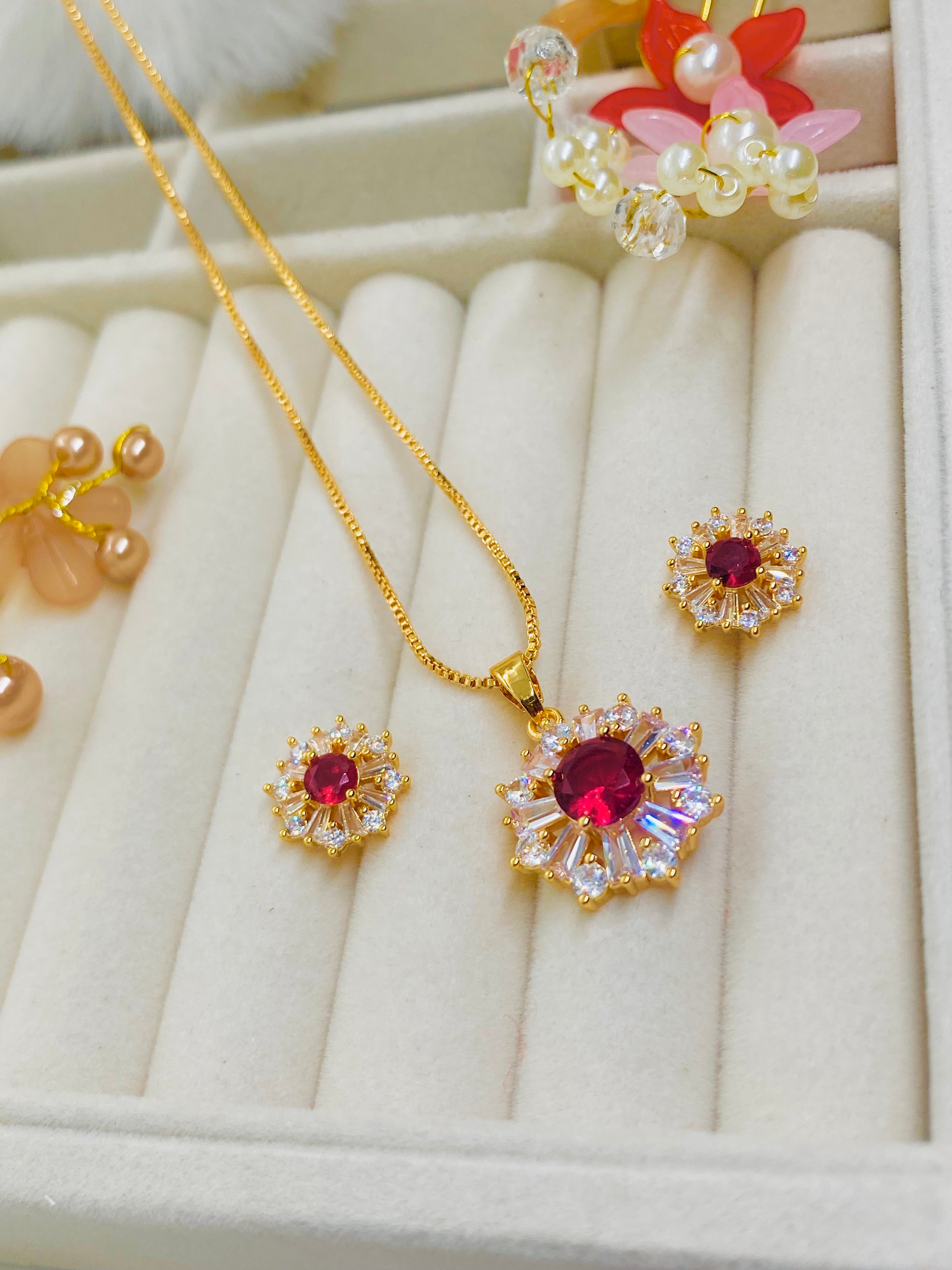 Elegant Ruby Radiance Necklace & Earring Set