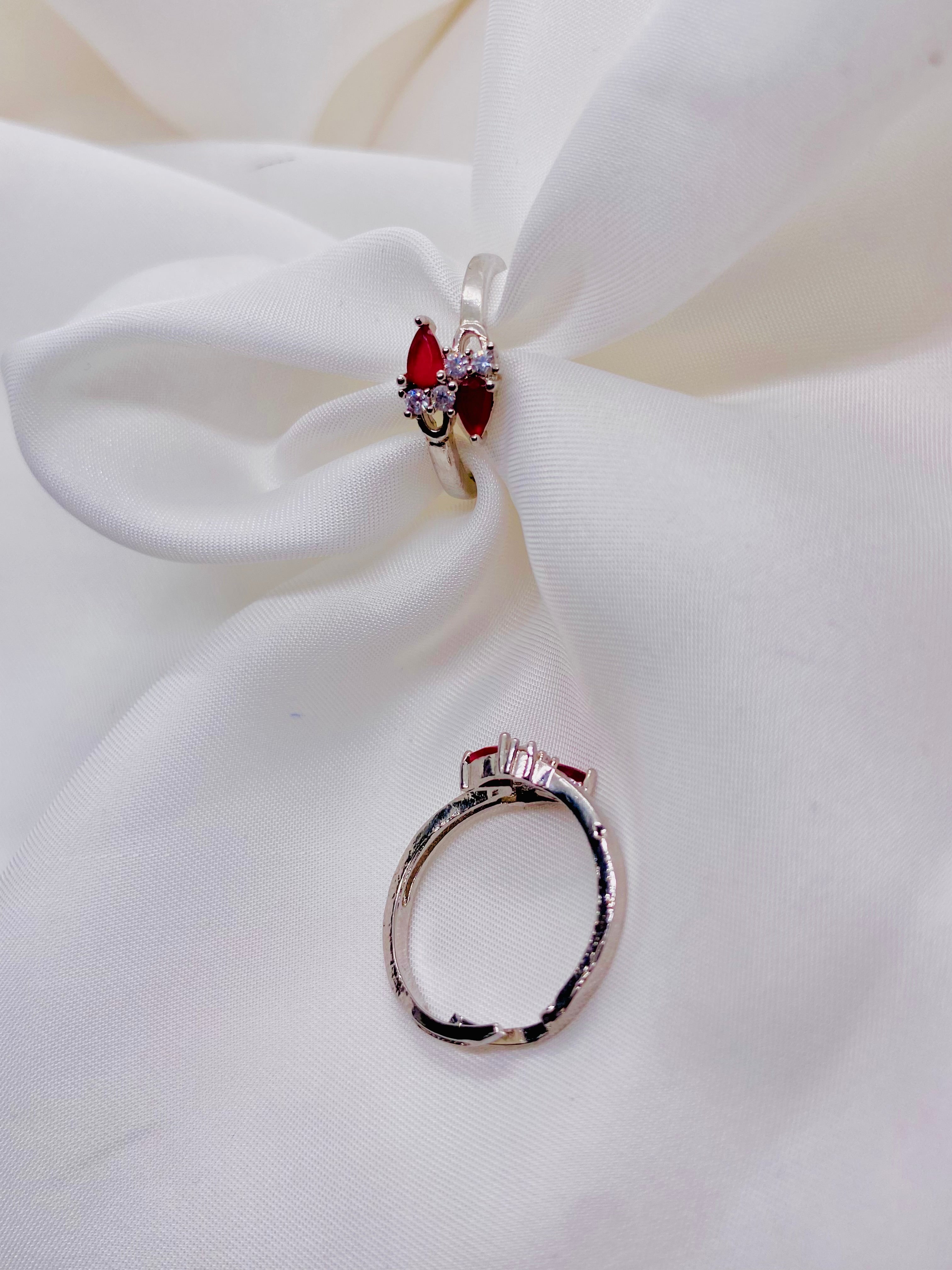 Elegant Ruby-Red Adjustable Couple Rings with Diamond Accents