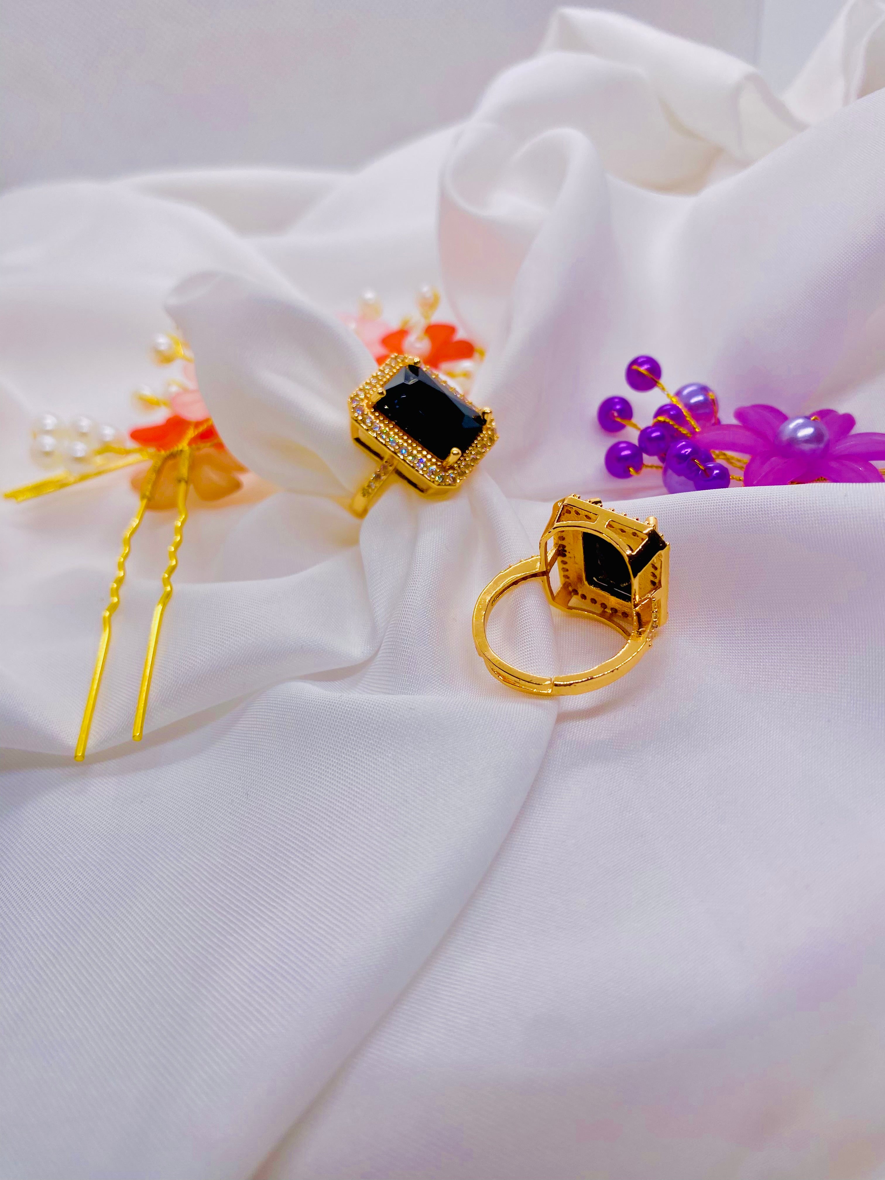 Elegant Gold-Plated Black Stone Statement Ring