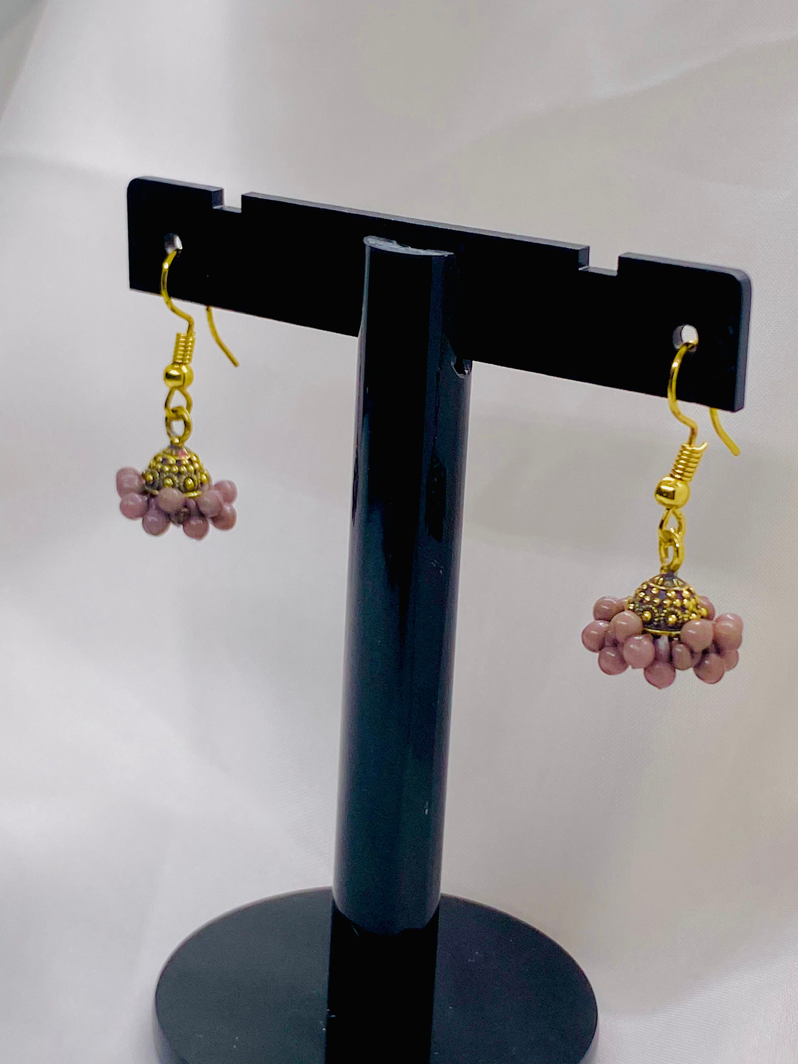 Antique Gold & Mauve Beaded Mini Jhumka Earrings