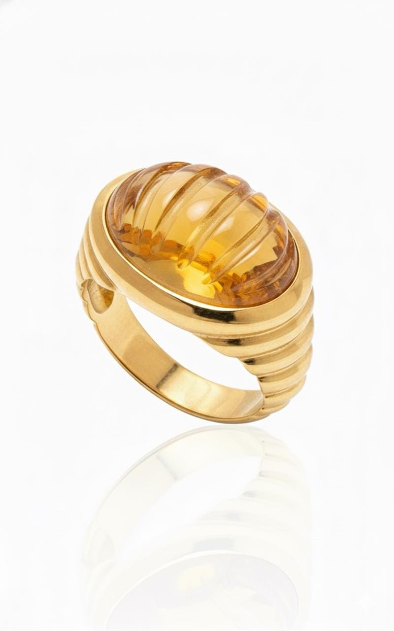 Vintage Art Deco Fluted Lapis Lazuli Cocktail Ring in 18K Solid Gold – Minimalist Ribbed Band Statement Ring