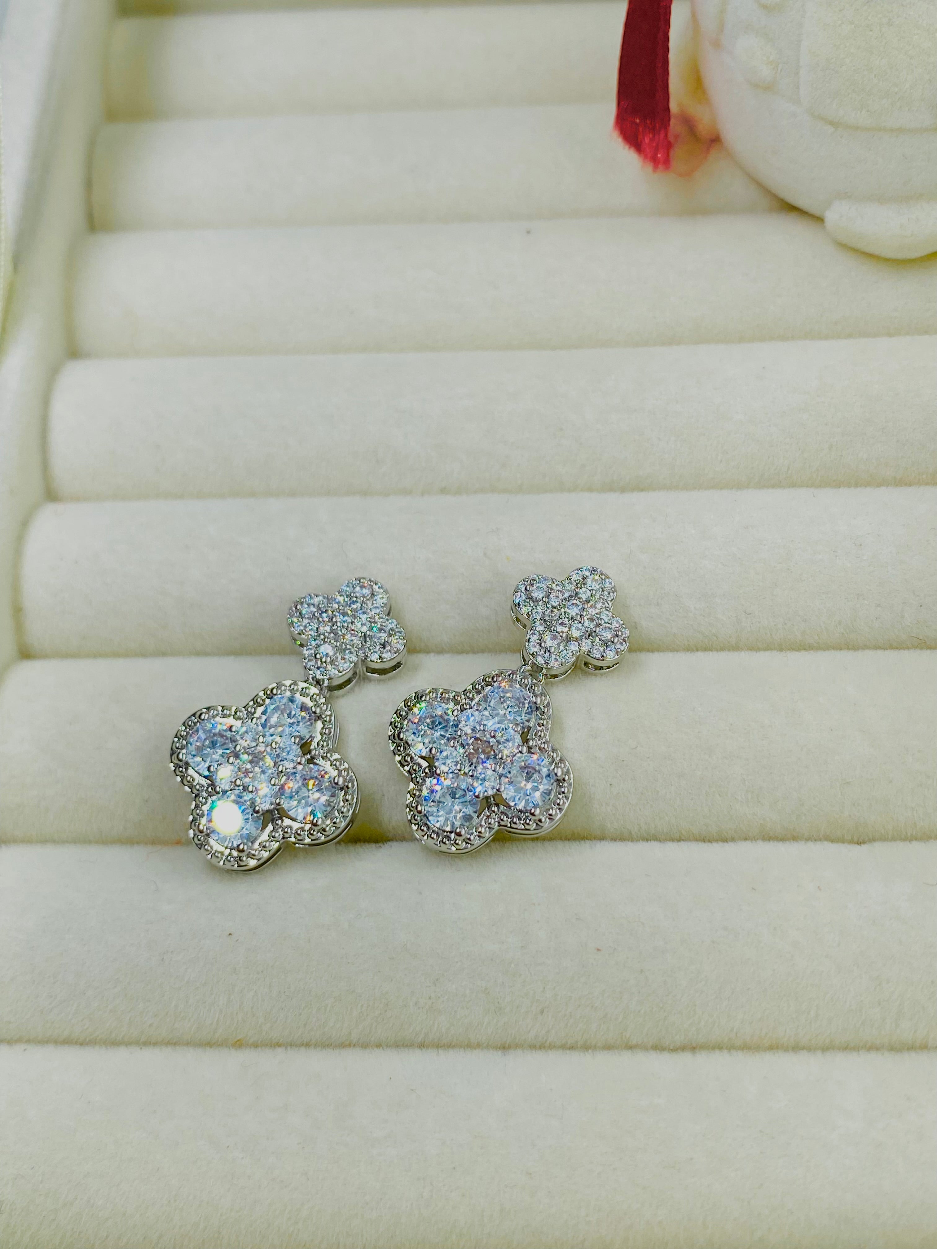 Elegant Diamond Pave Clover Drop Earrings