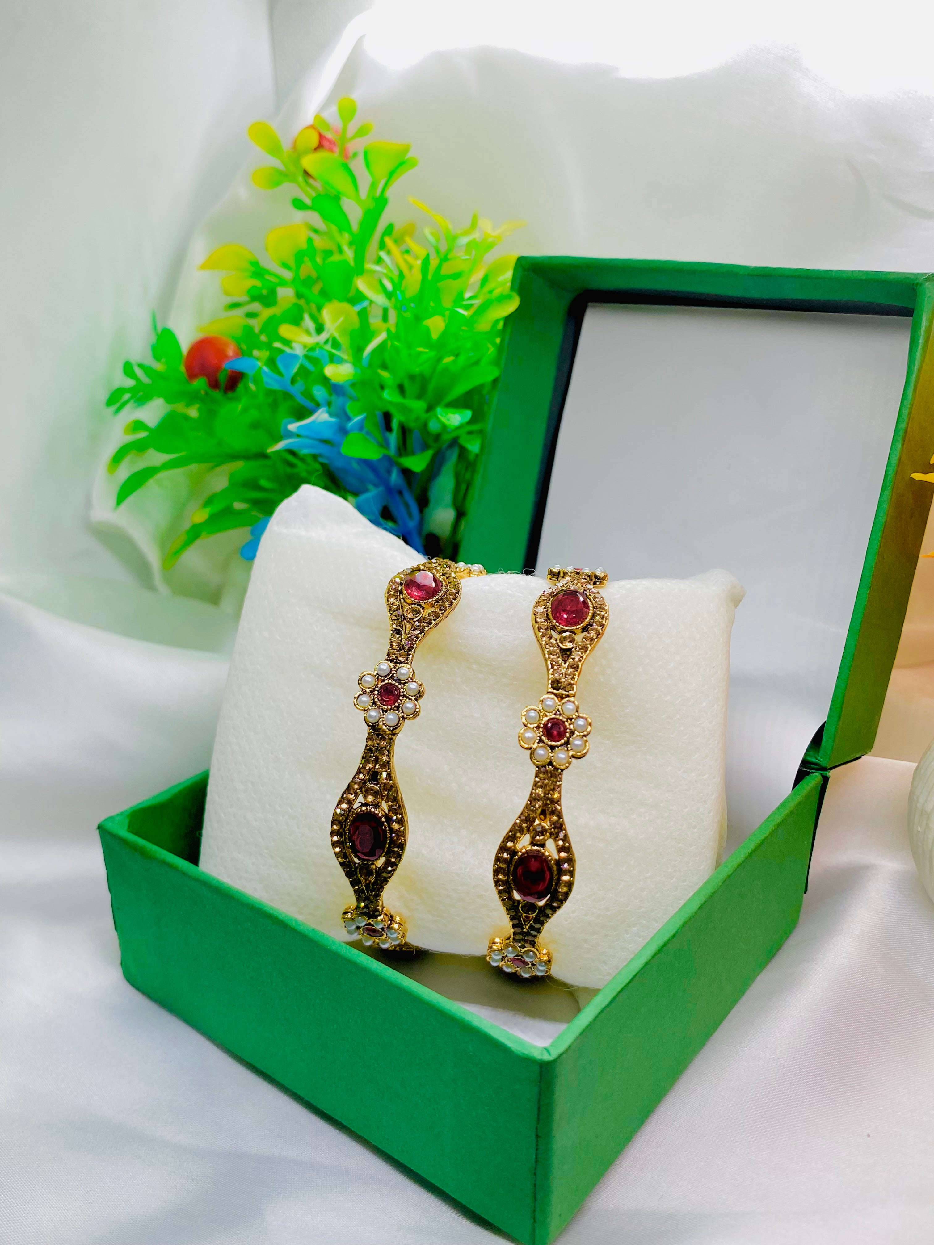 Elegant Gold-Plated Ruby Bangles with Pearl Floral Accents