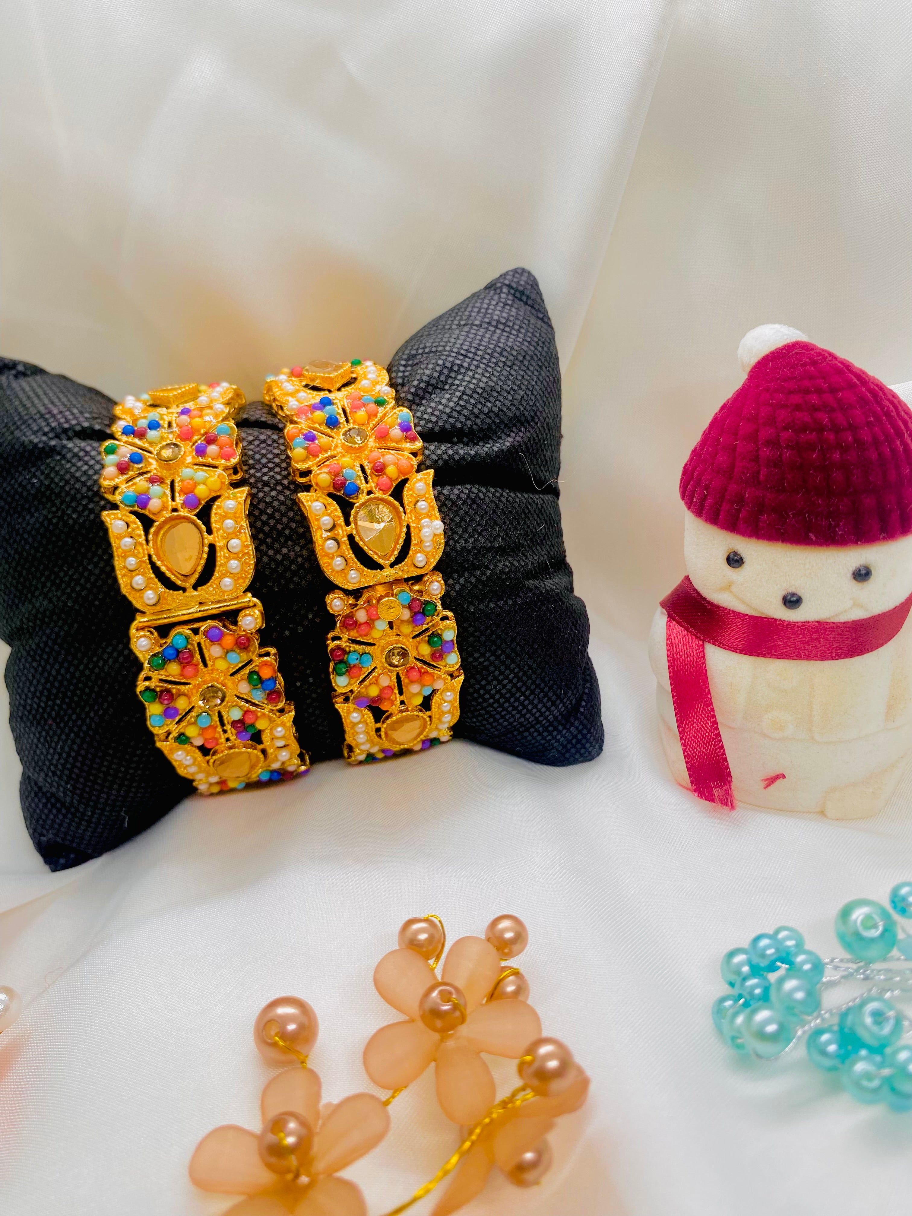 Traditional Gold-Plated Kundan Bangles with Multicolor Stones
