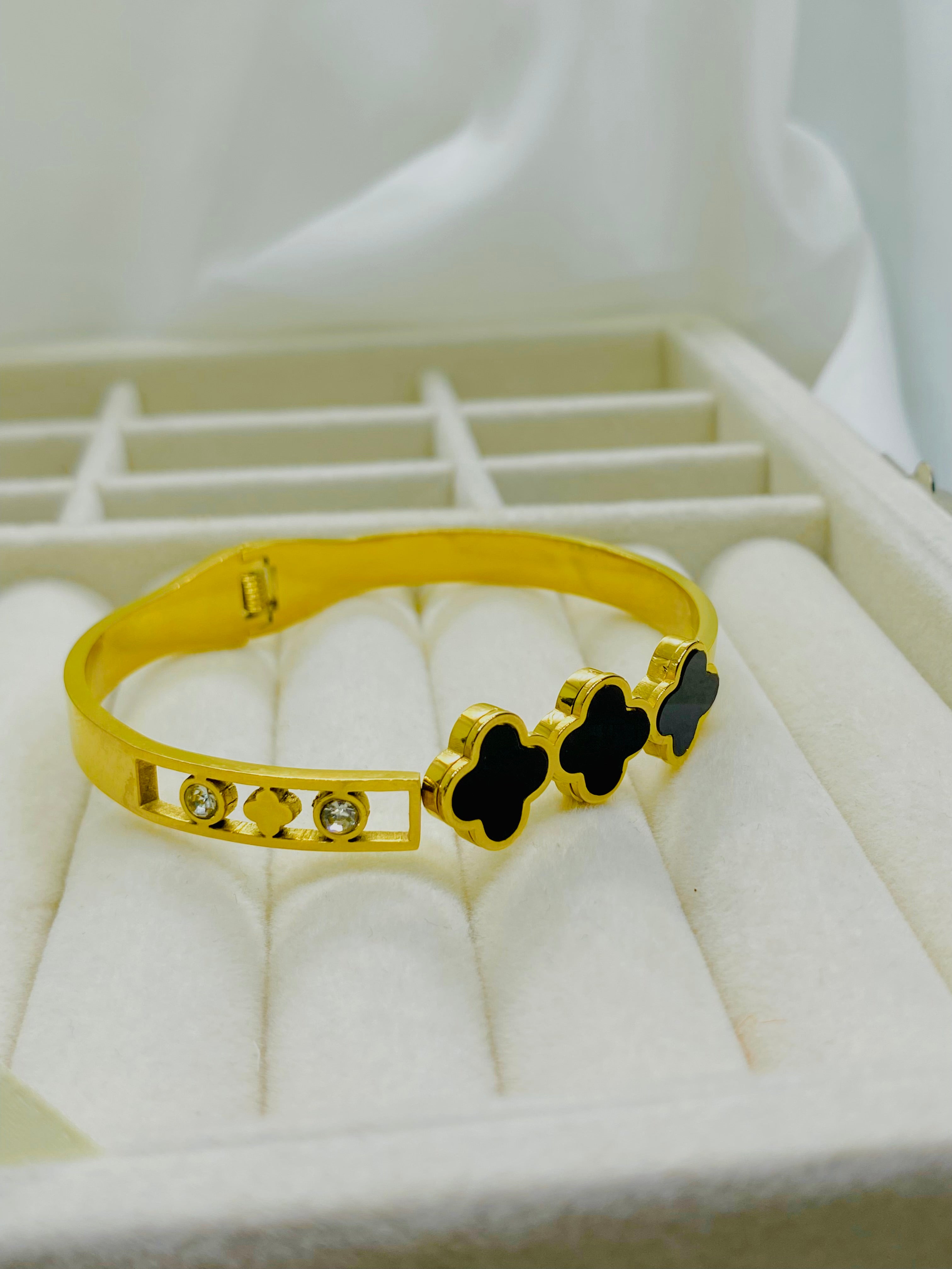 Gold-Plated Clover Charm Bracelet with Crystal Accents