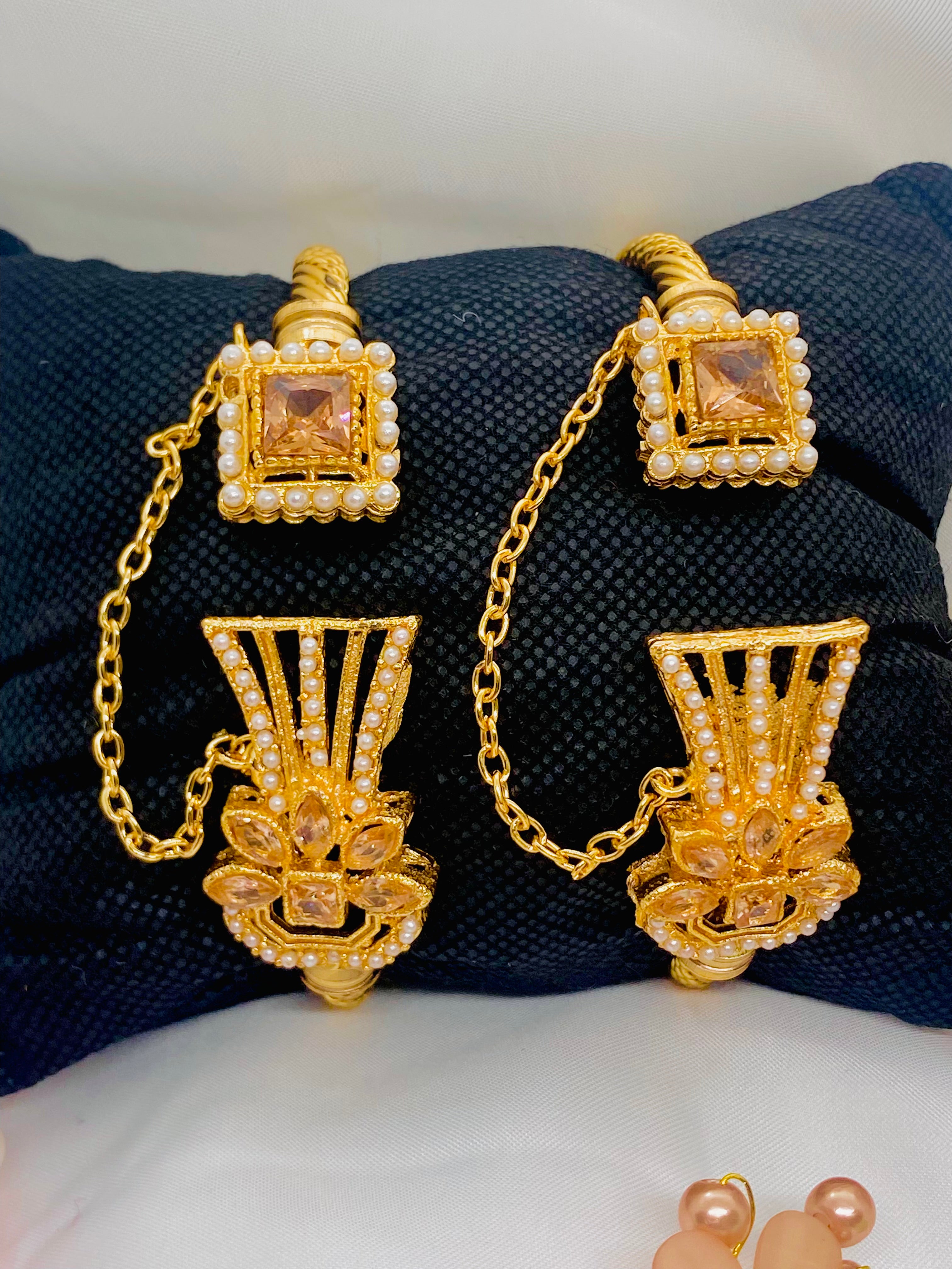 Gold‑Plated Hathphool with Pearl & Pink Crystal Detailing – Set of Two