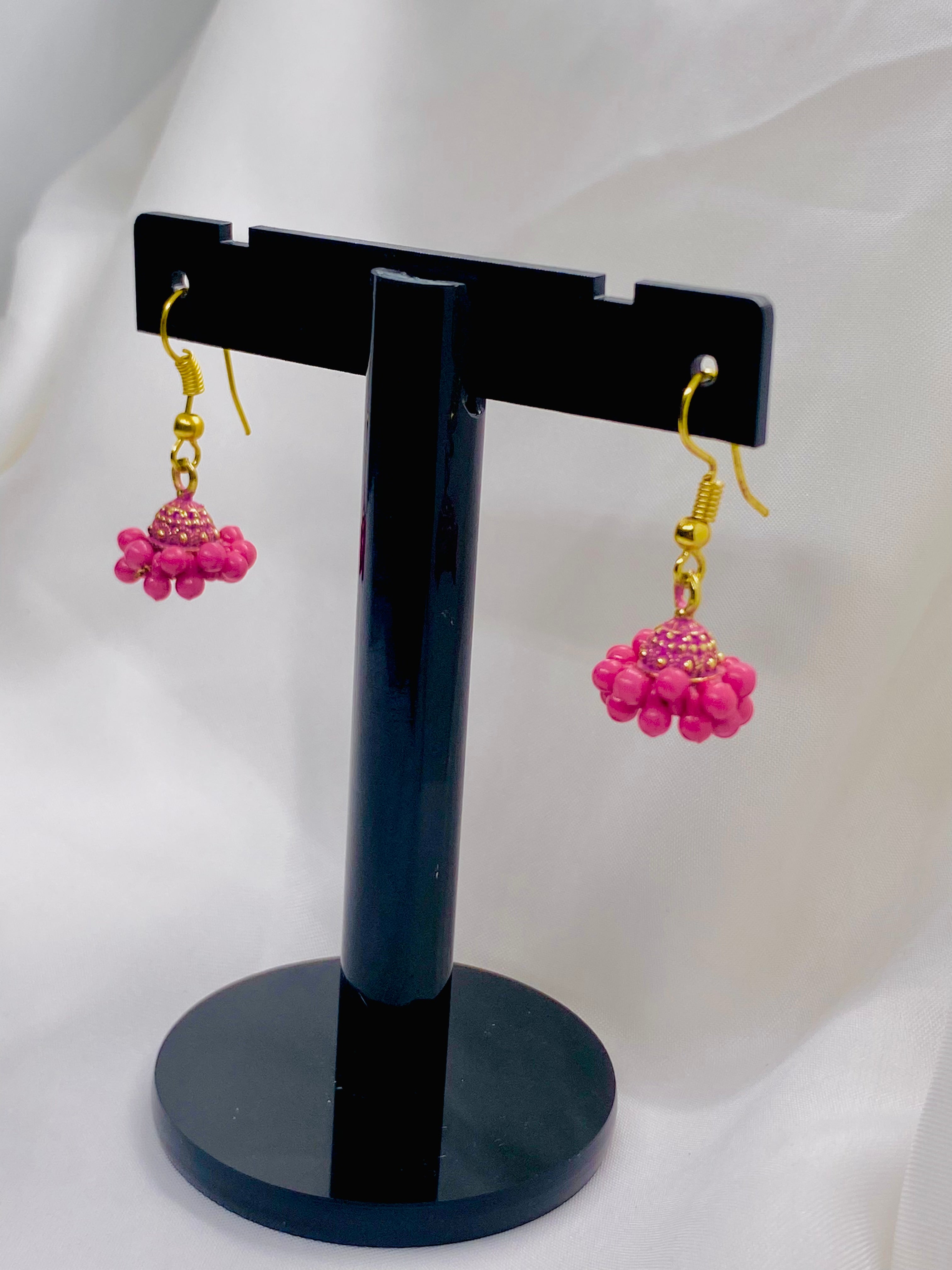 Pink Beaded Jhumka Earrings with Gold Hook