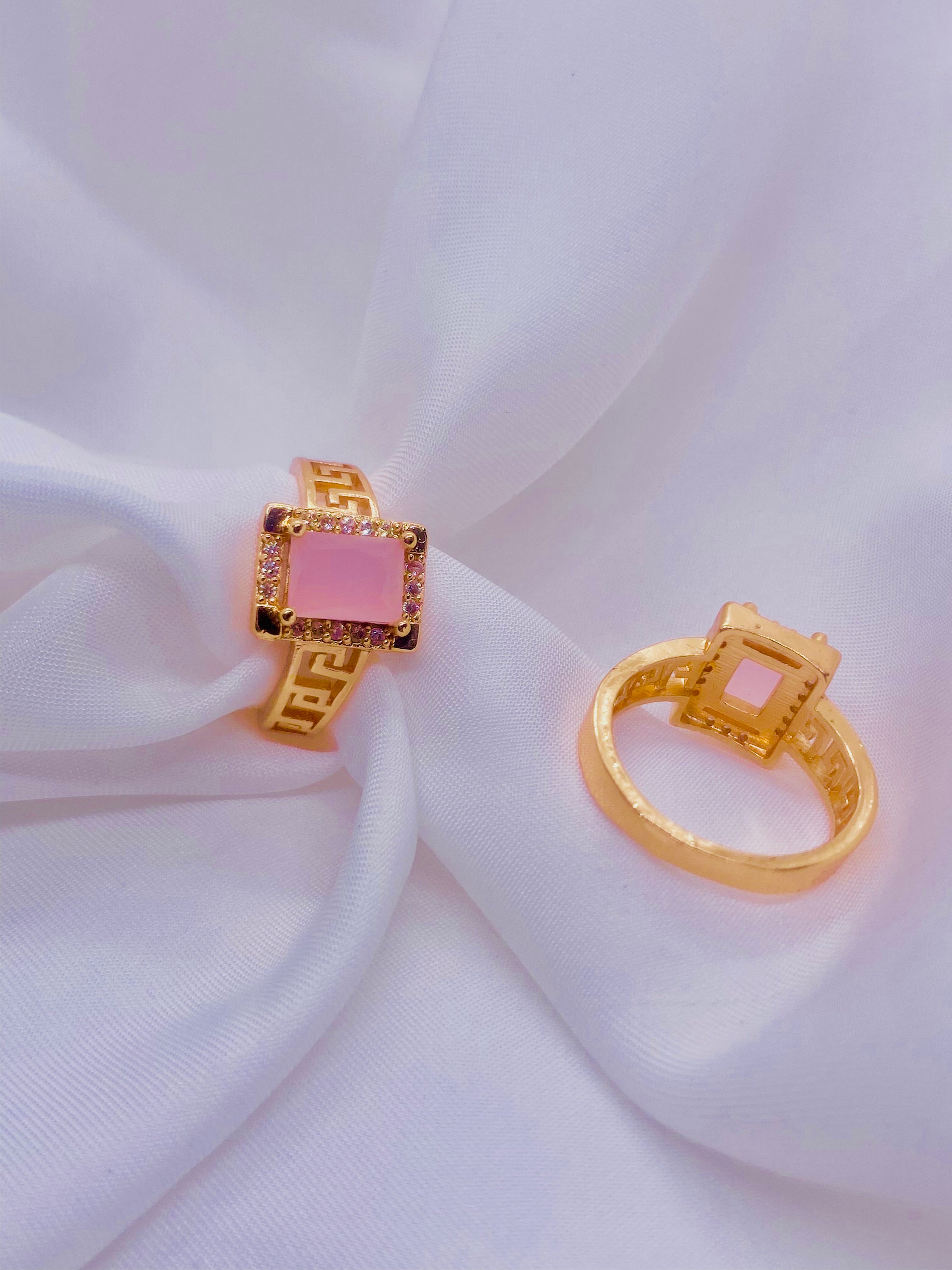 Elegant Gold-Plated Pink Stone Rings with Greek Key Design