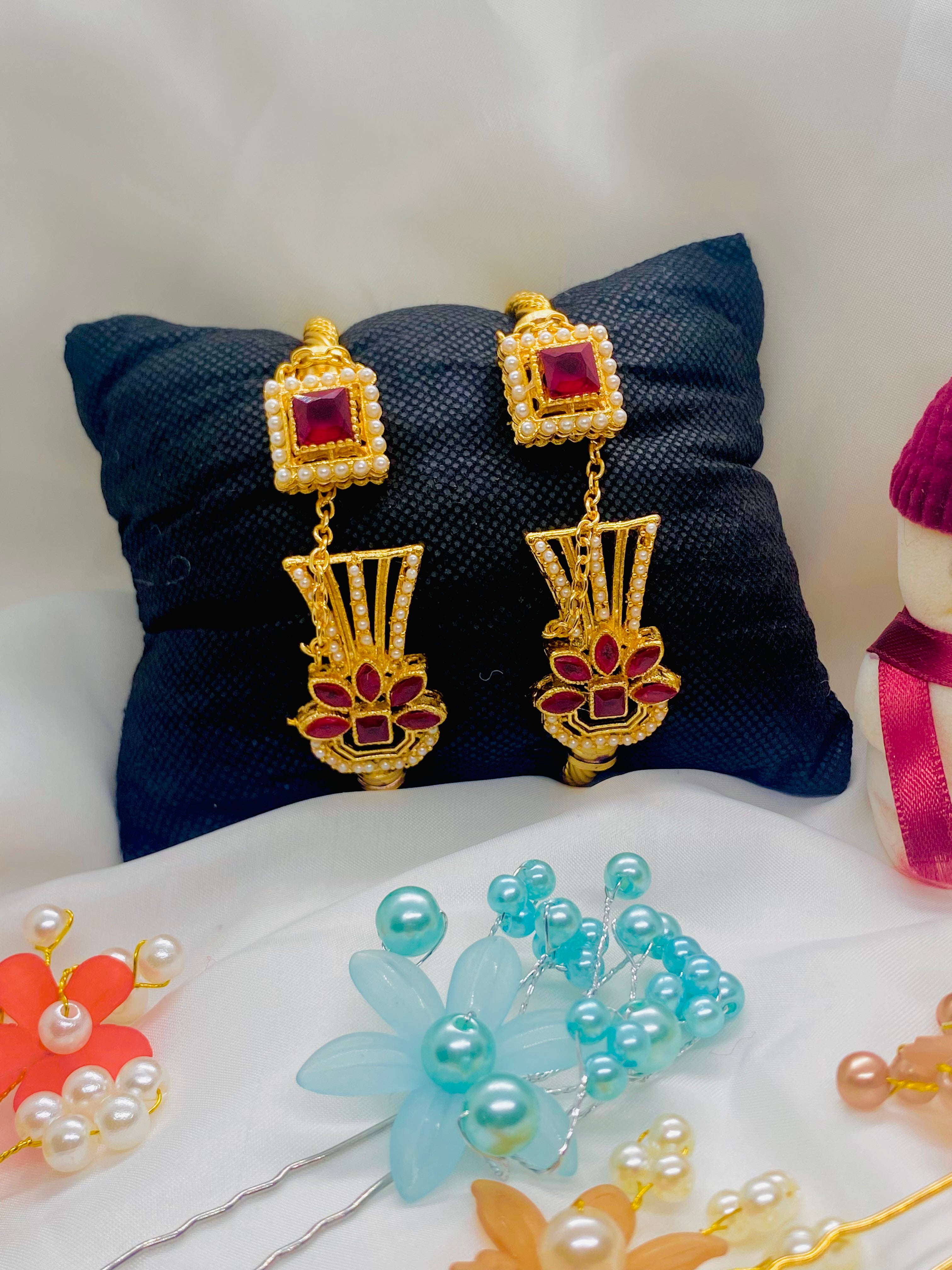 Royal Gold Earrings with Ruby Stones and Pearl Detailing
