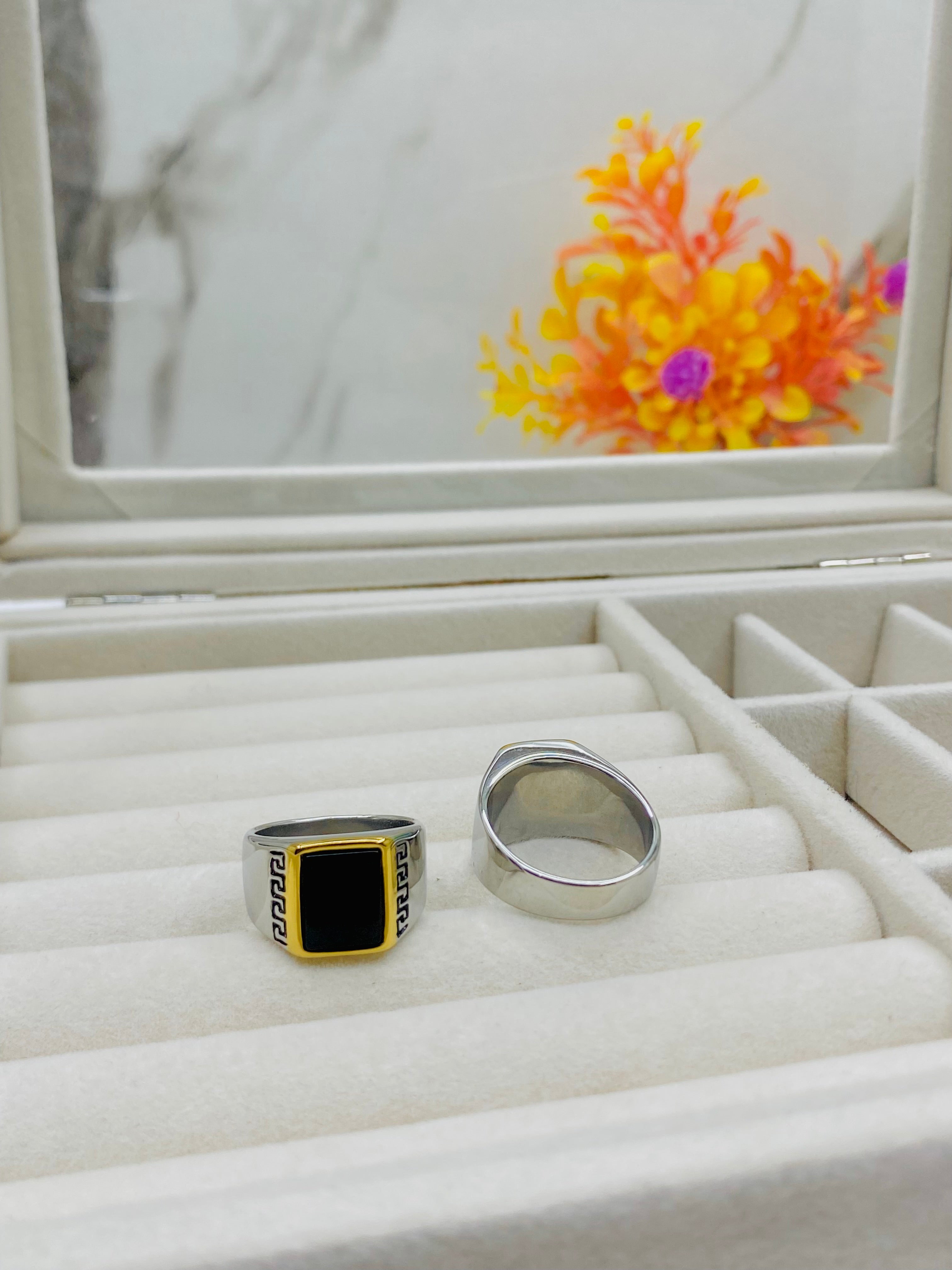Greek Key Black Onyx Rings with Gold Accent