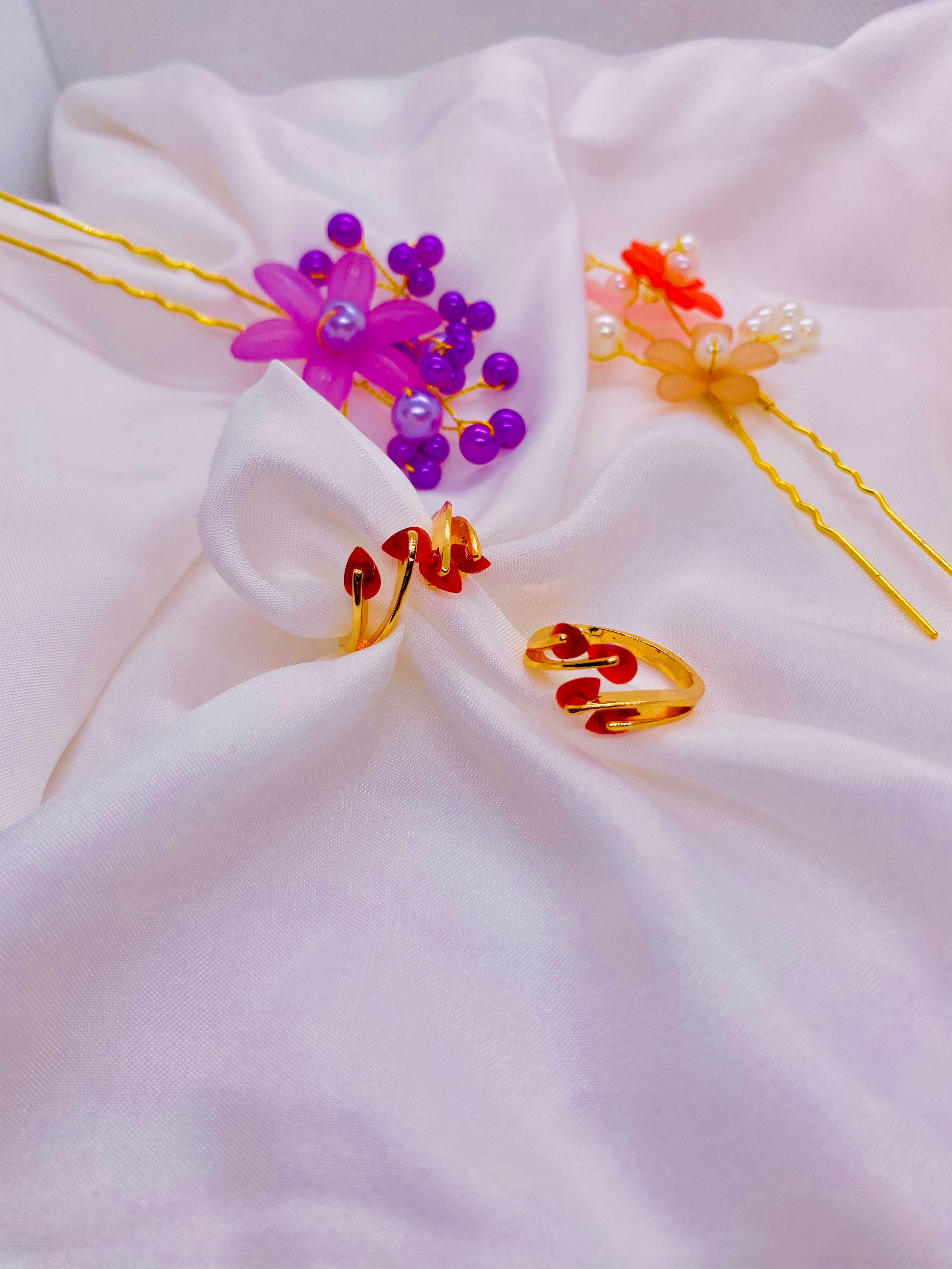 Red Floral Accent Gold Adjustable Ring