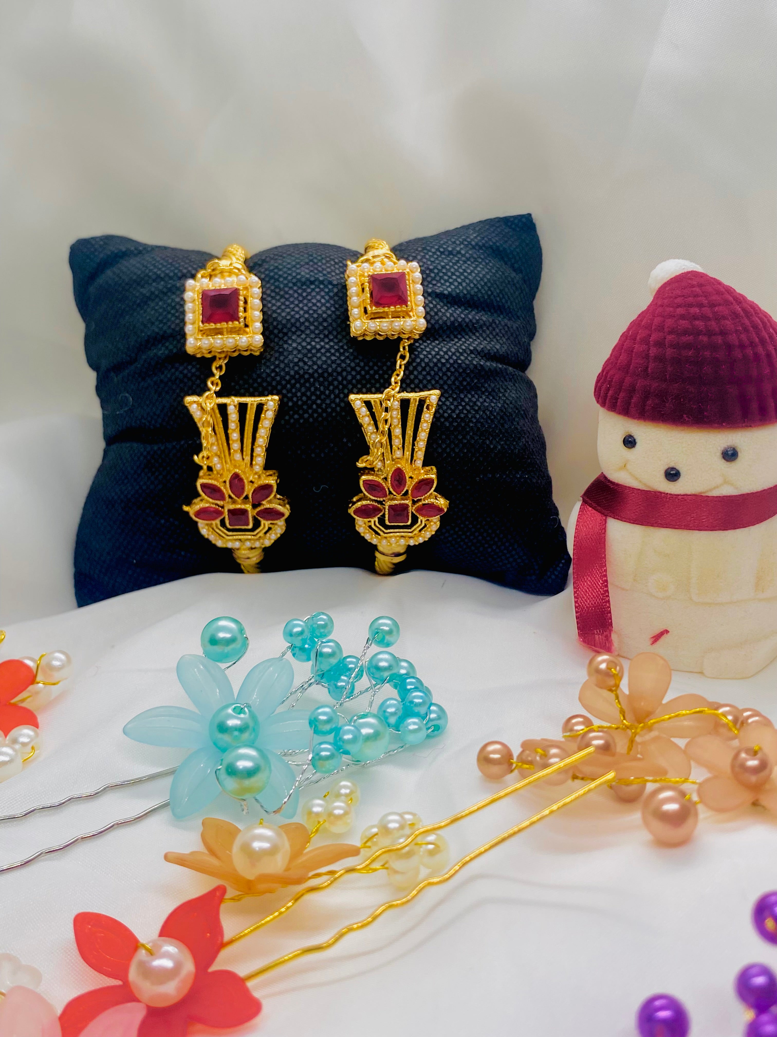 Royal Gold Earrings with Ruby Stones and Pearl Detailing