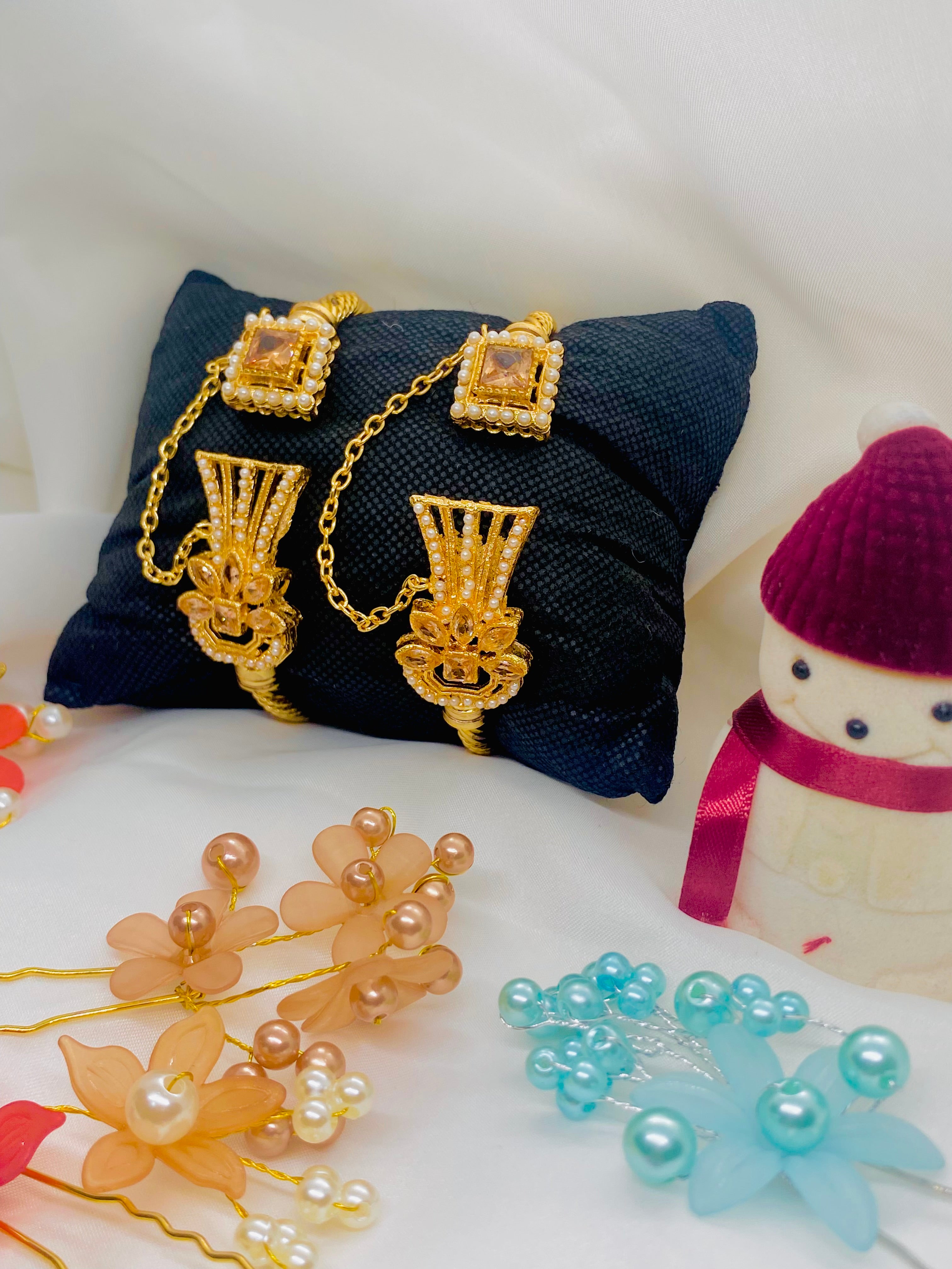 Gold‑Plated Hathphool with Pearl & Pink Crystal Detailing – Set of Two