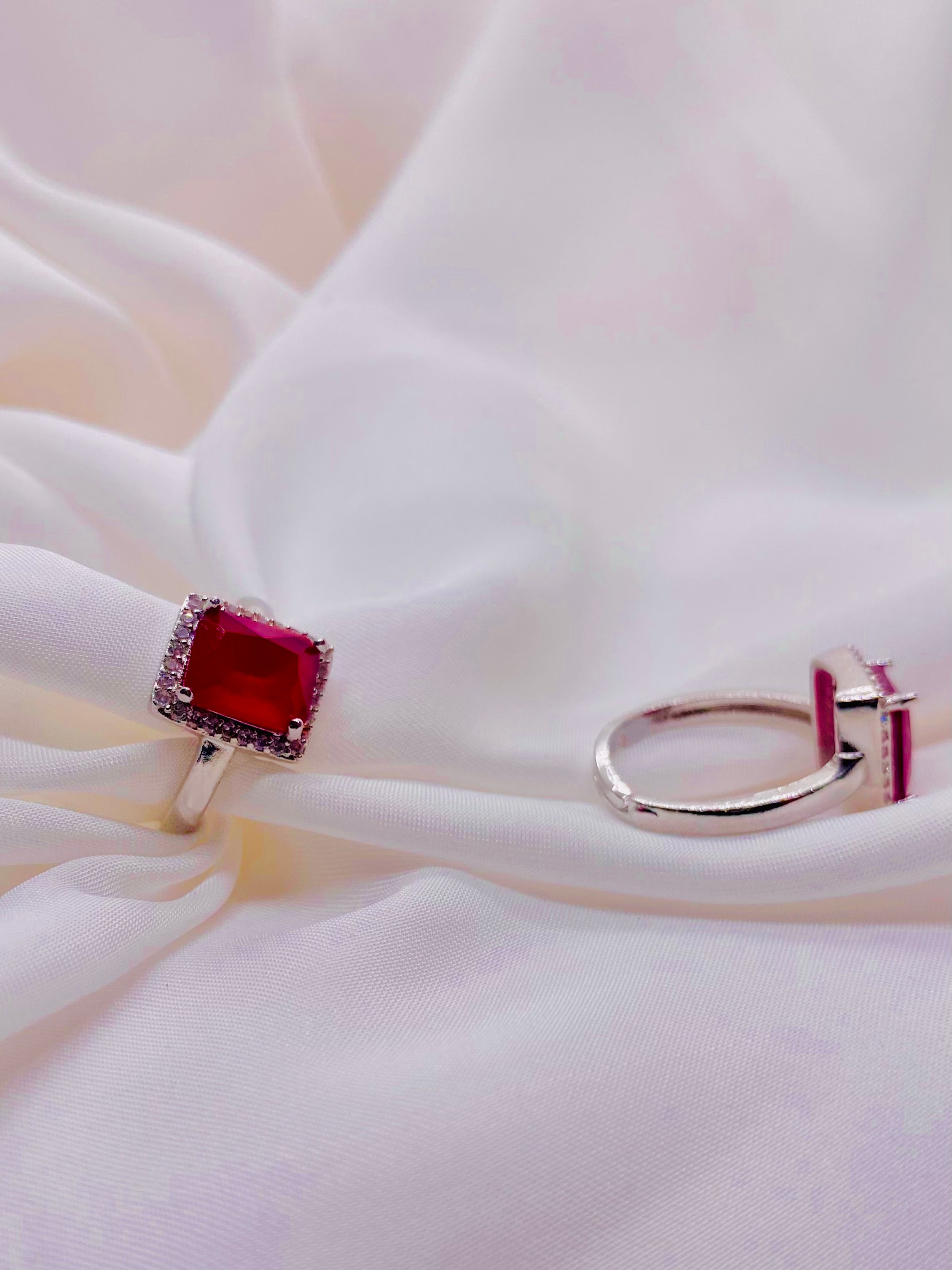 Elegant Ruby Red Halo Ring in Sterling Silver
