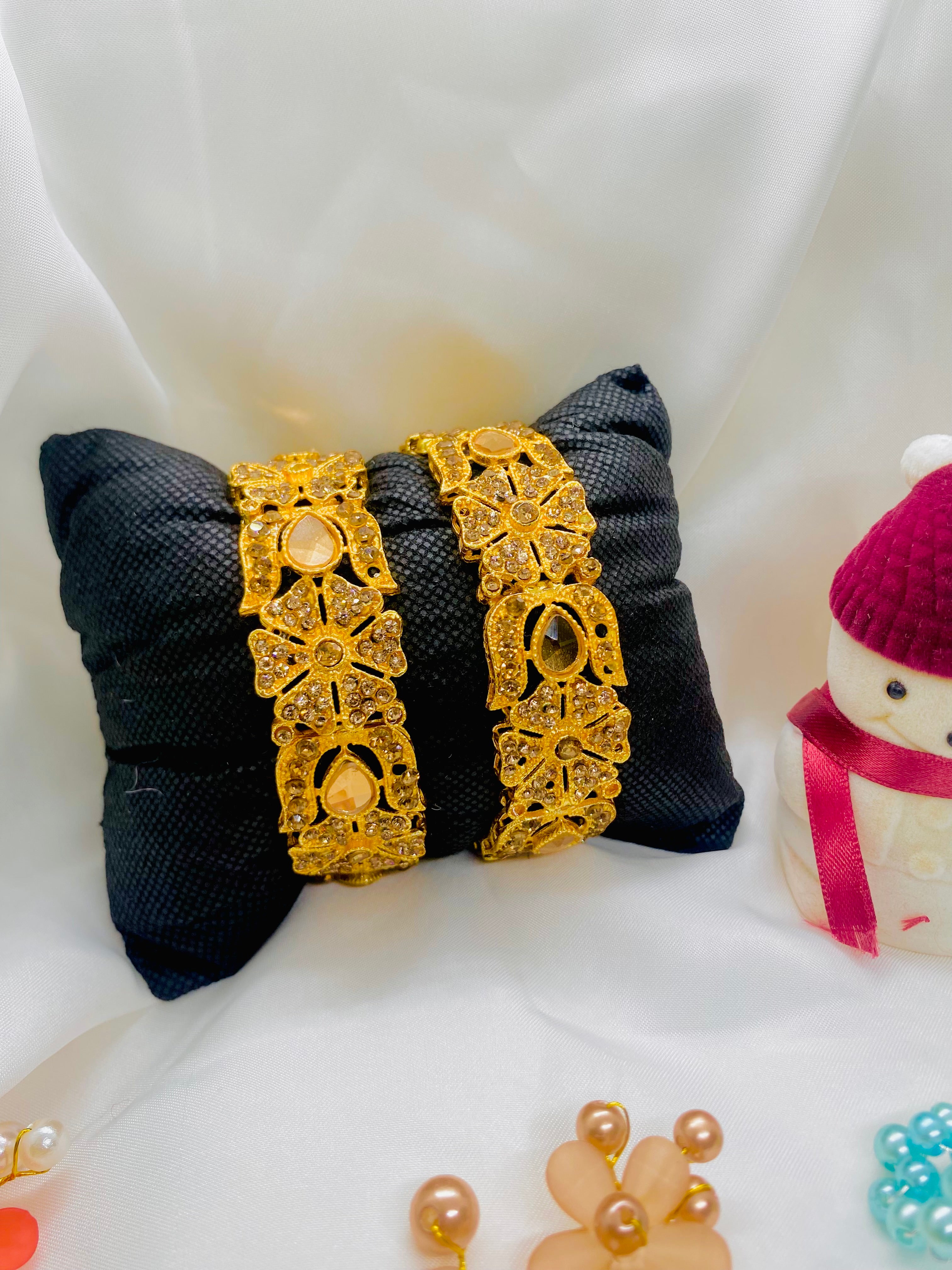 Elegant Gold-Tone Kundan Bangles with Crystal Embellishments