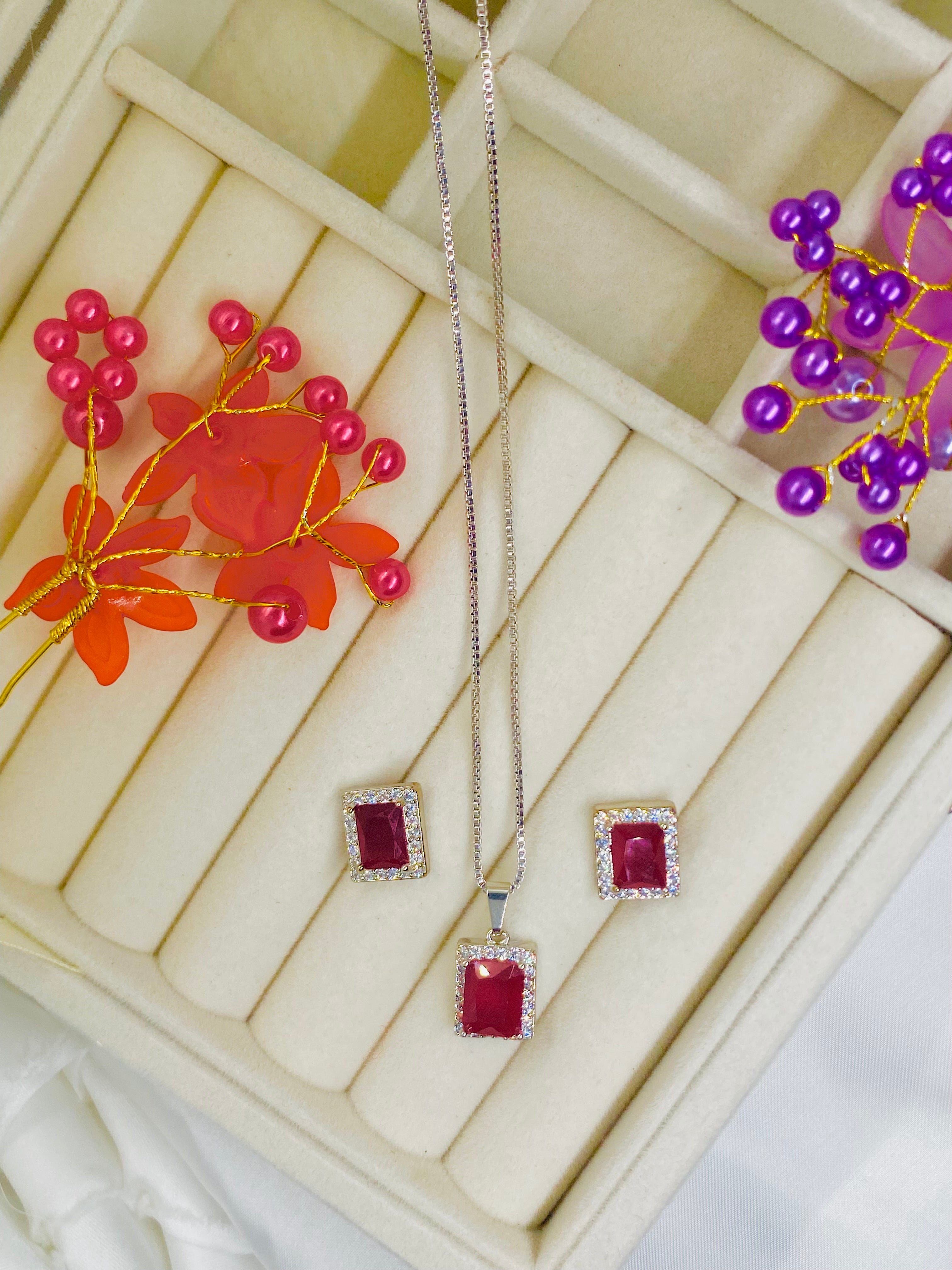 Elegant Ruby Red Pendant and Earring Set with Sparkling Accents