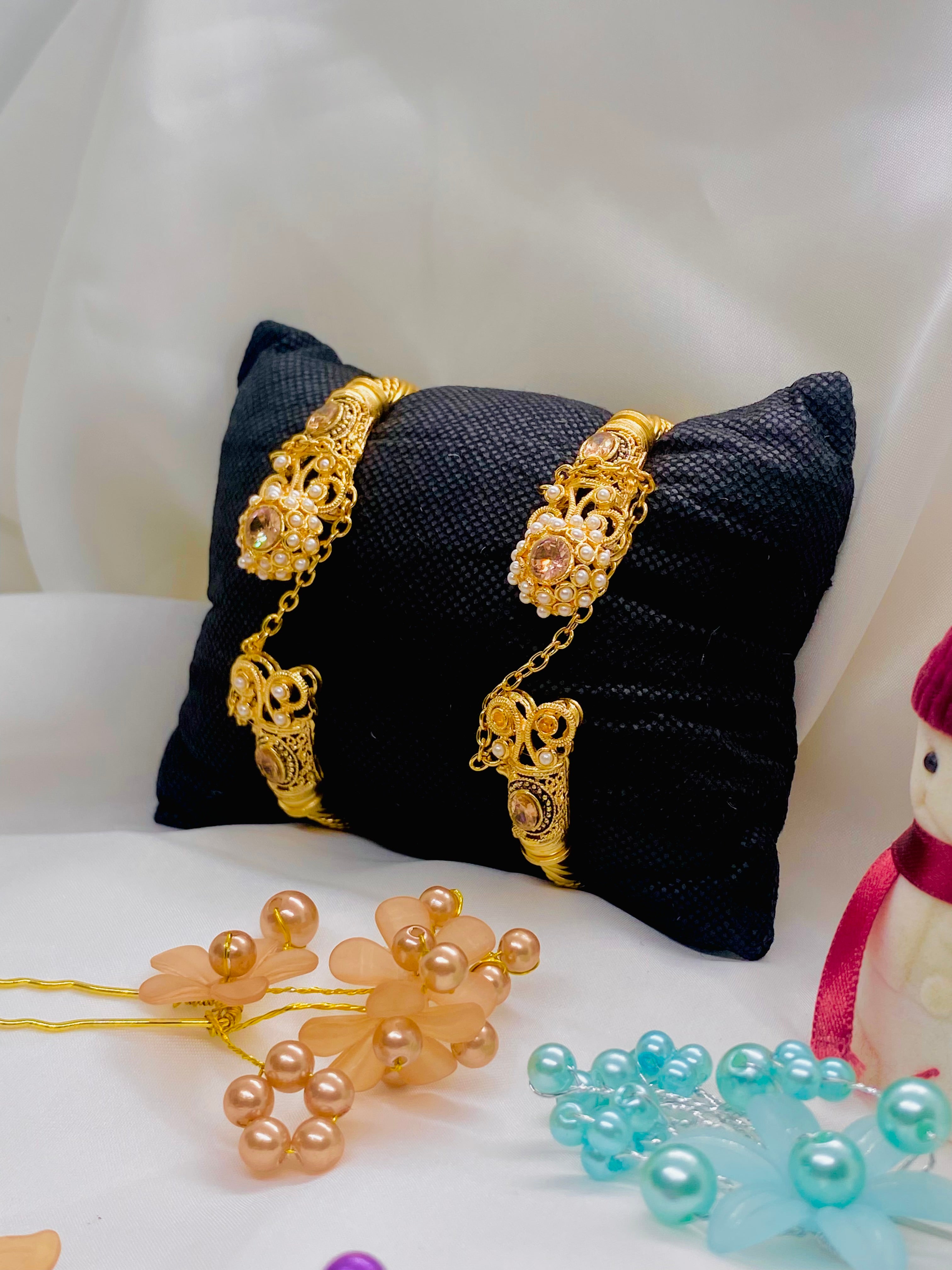 Gold-Plated Bangles with Attached Hathphool – Pearl & Stone