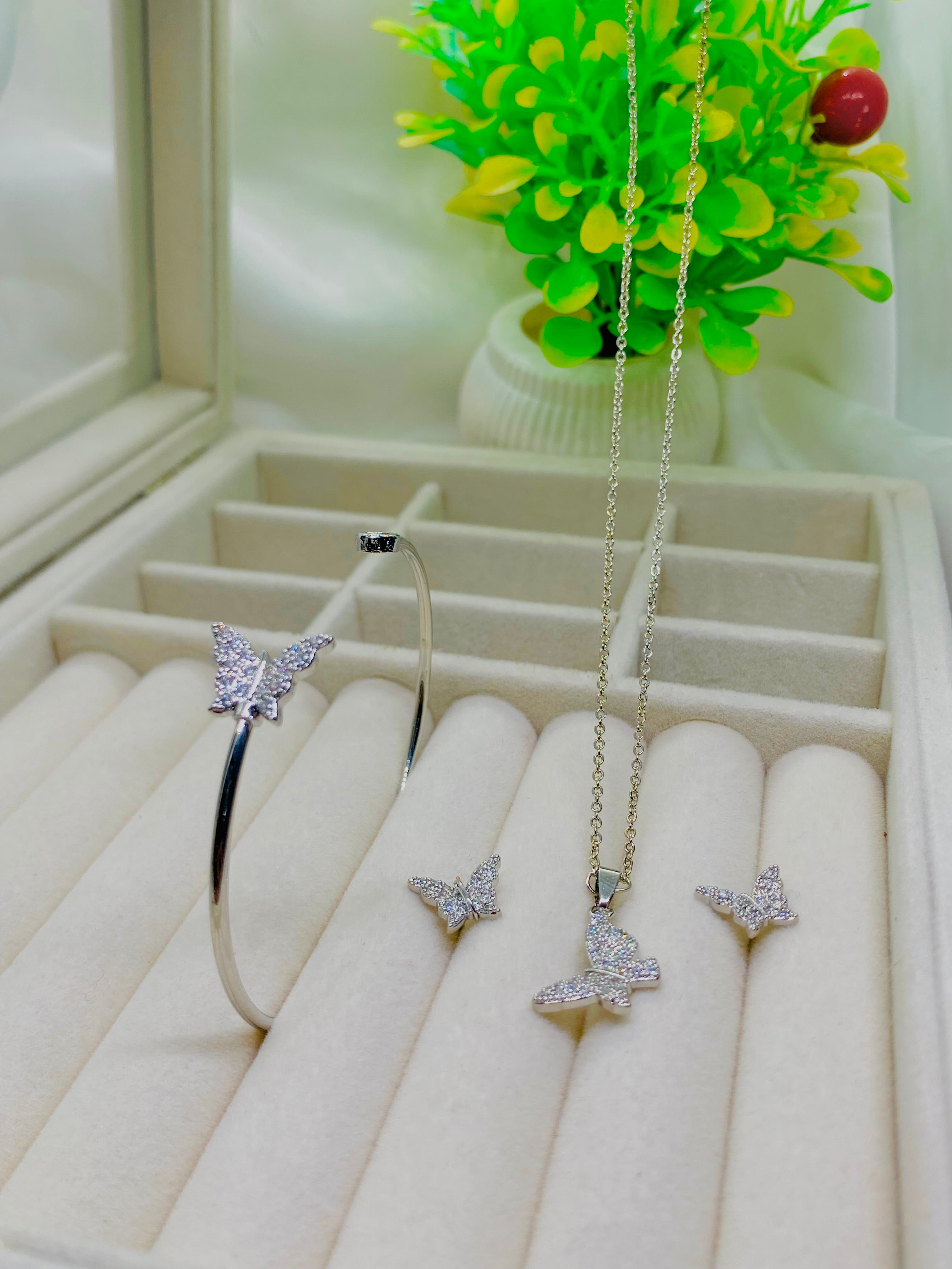 Elegant Silver-Plated Butterfly Pendant Set with Crystal Accents