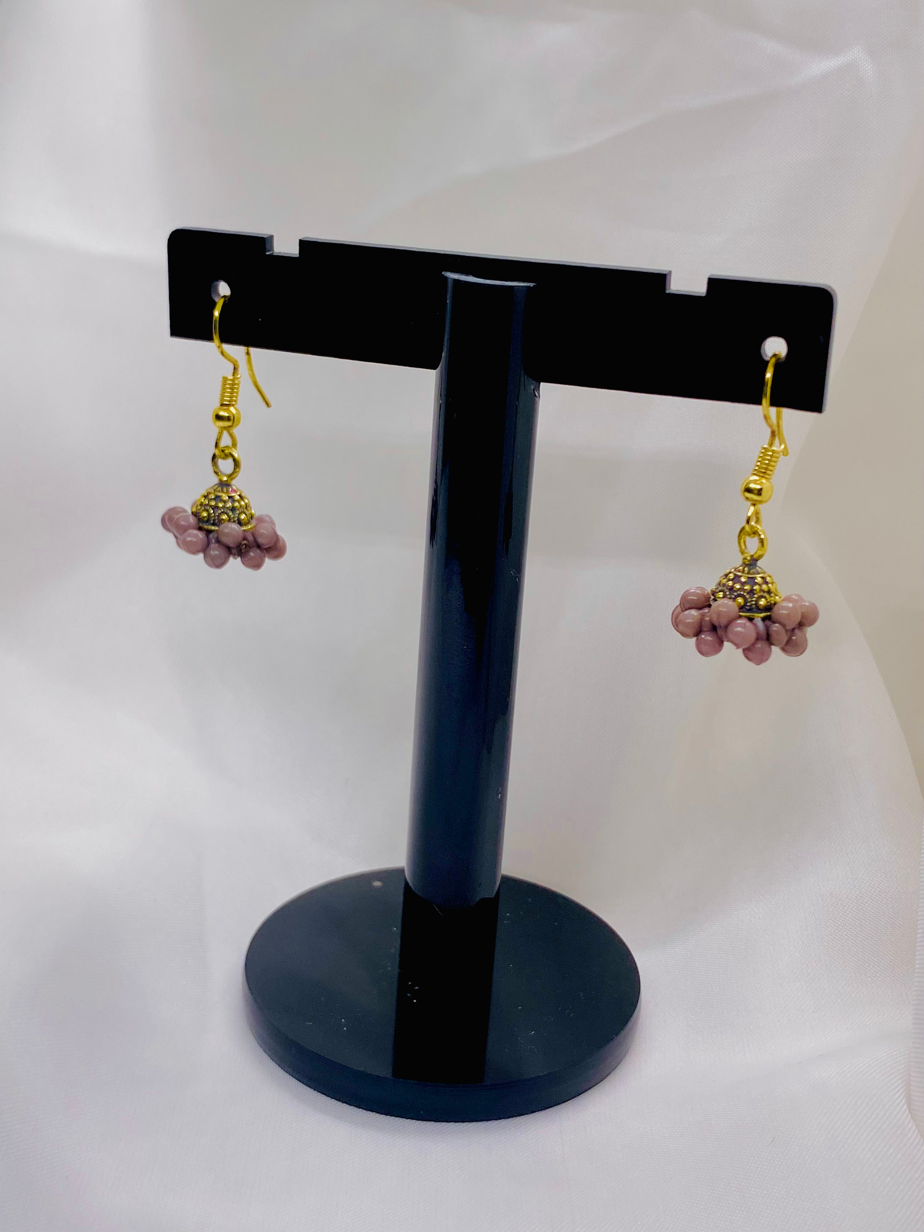 Antique Gold & Mauve Beaded Mini Jhumka Earrings