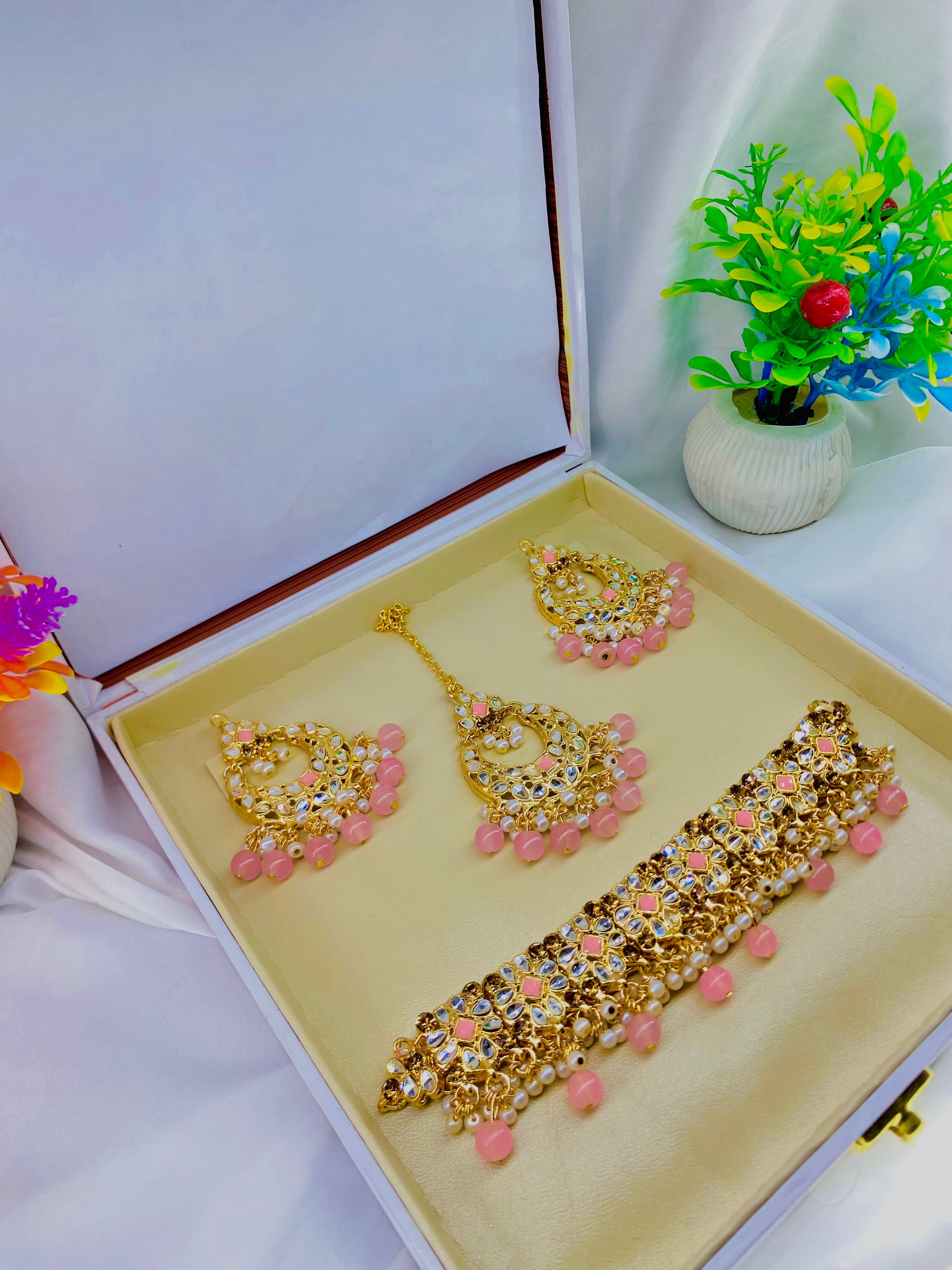 Traditional Kundan Choker Set with Pink Beads and Maang Tikka