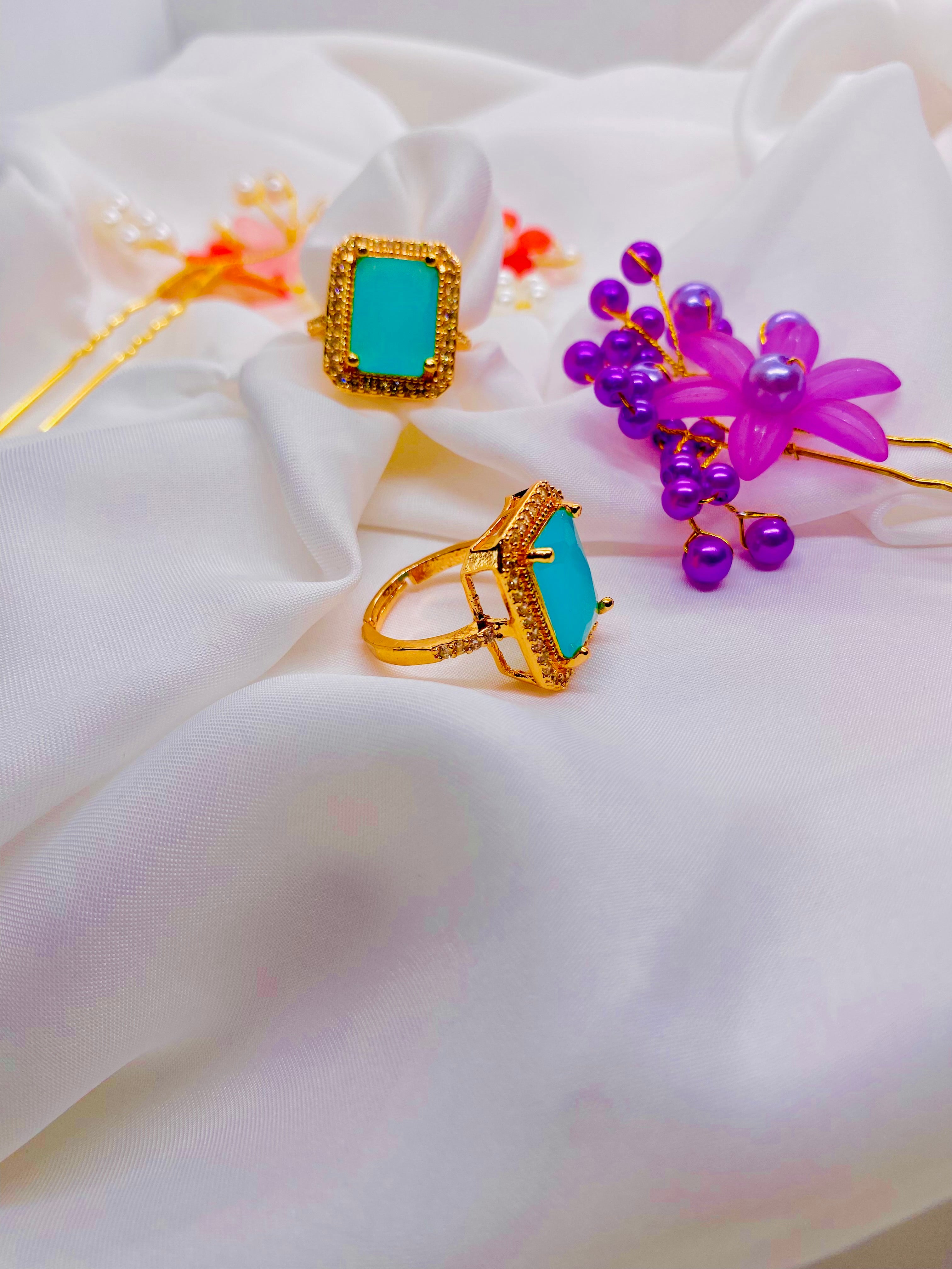Regal Turquoise Gold-Plated Statement Rings