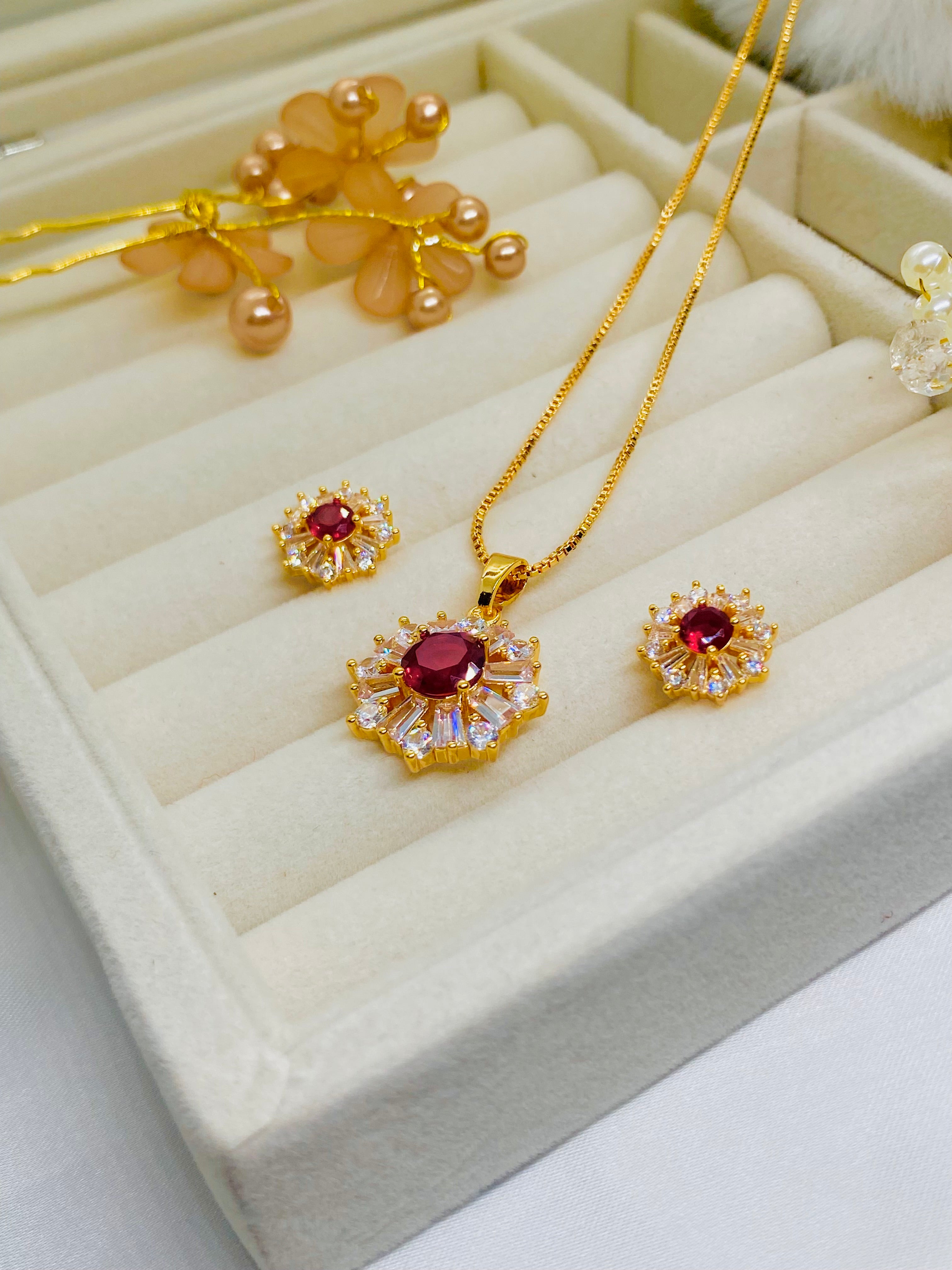 Elegant Ruby Radiance Necklace & Earring Set