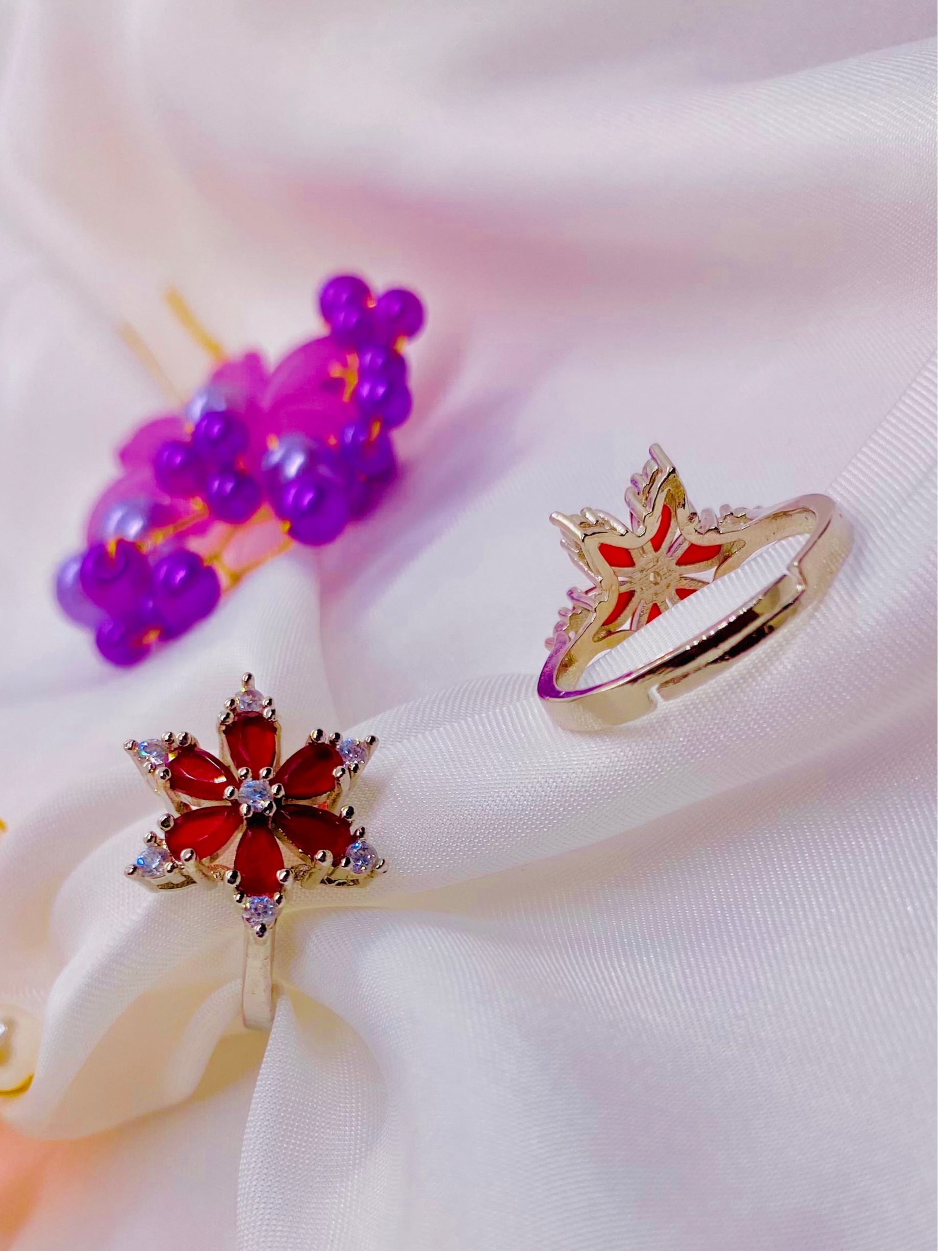 Charming Red Blossom Rings with Crystal Accents