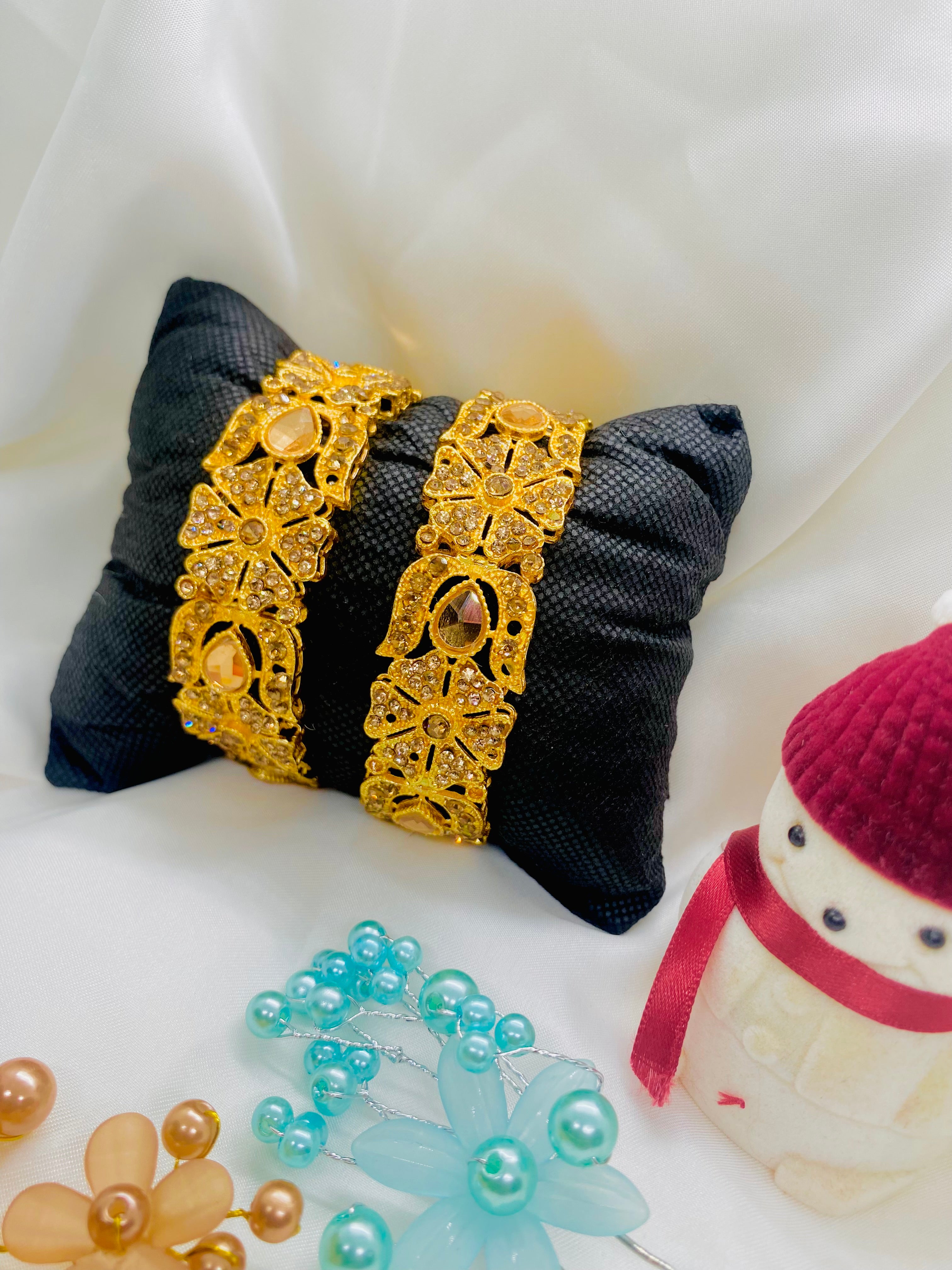 Elegant Gold-Tone Kundan Bangles with Crystal Embellishments