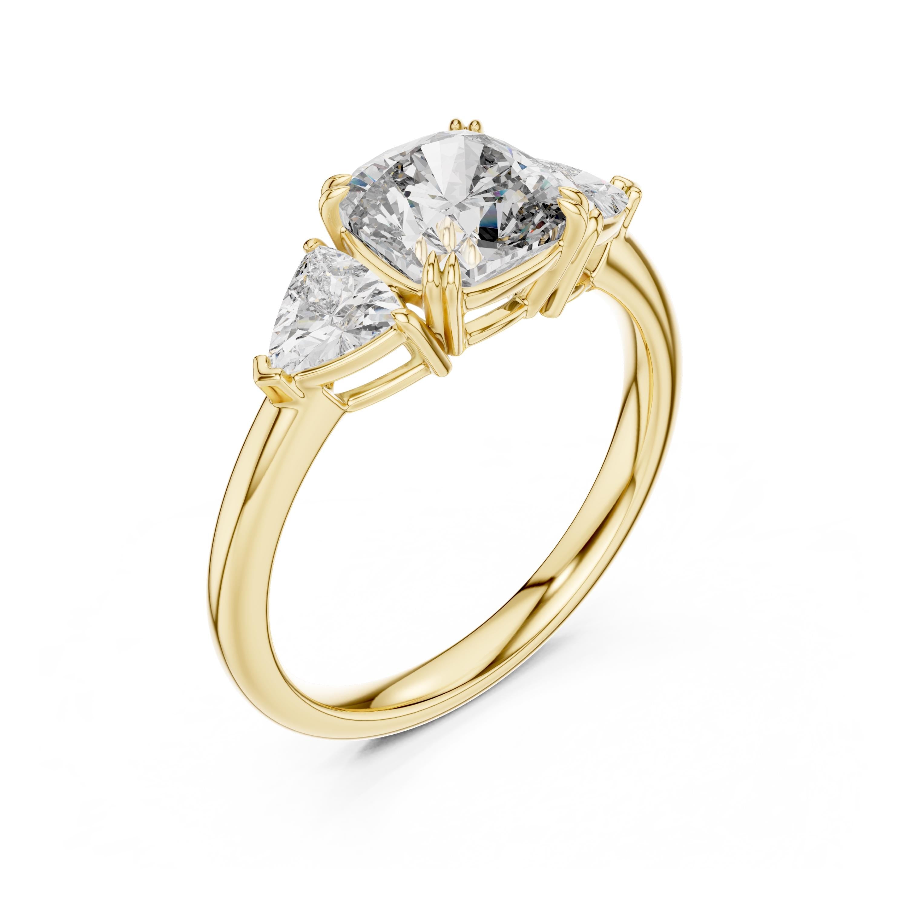 Cushion Cut Three Stone Engagement Ring in 14k Gold, Moissanite Three Stone Ring, Trillion Side Stones Wedding Ring,Anniversary Gift for Her