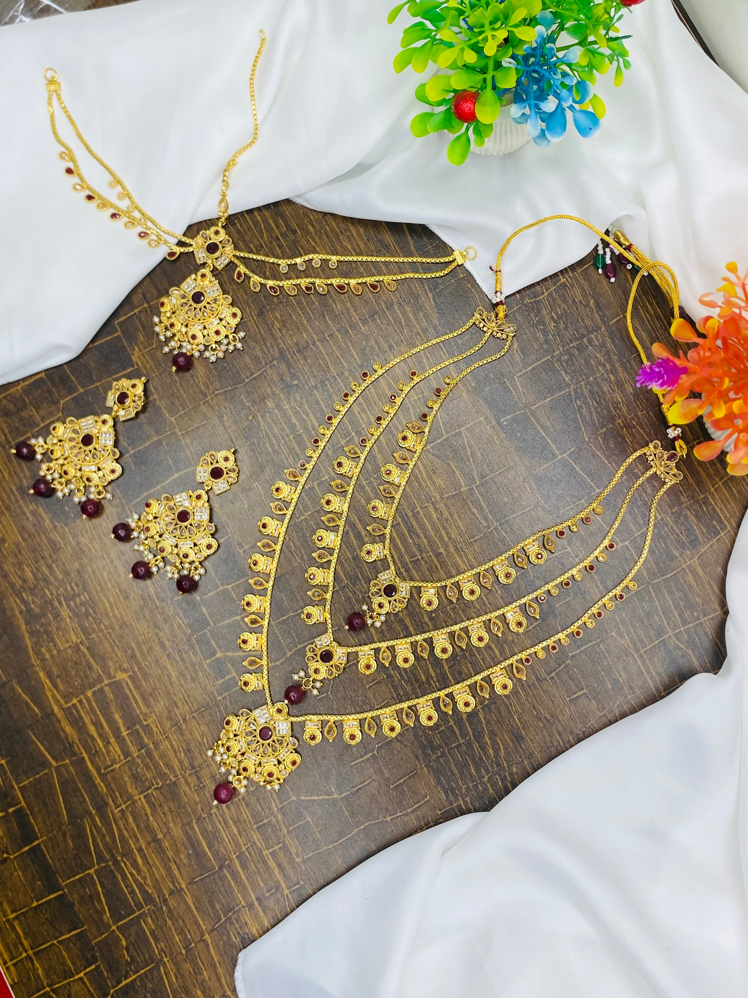 Antique Gold-Plated Bridal Temple Jewelry Set with Ruby Beads