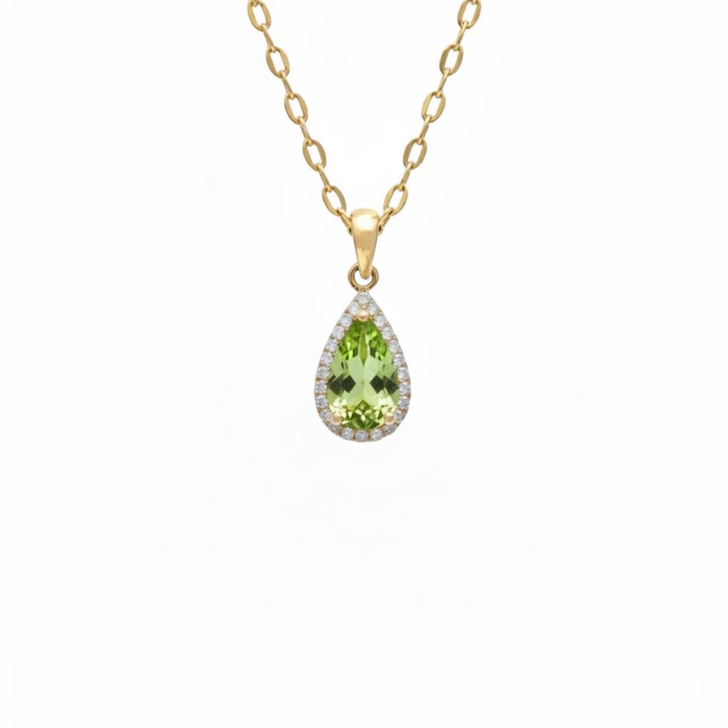 Teardrop Cut Peridot Pendant, 24k Halo Moissanite Jewelry