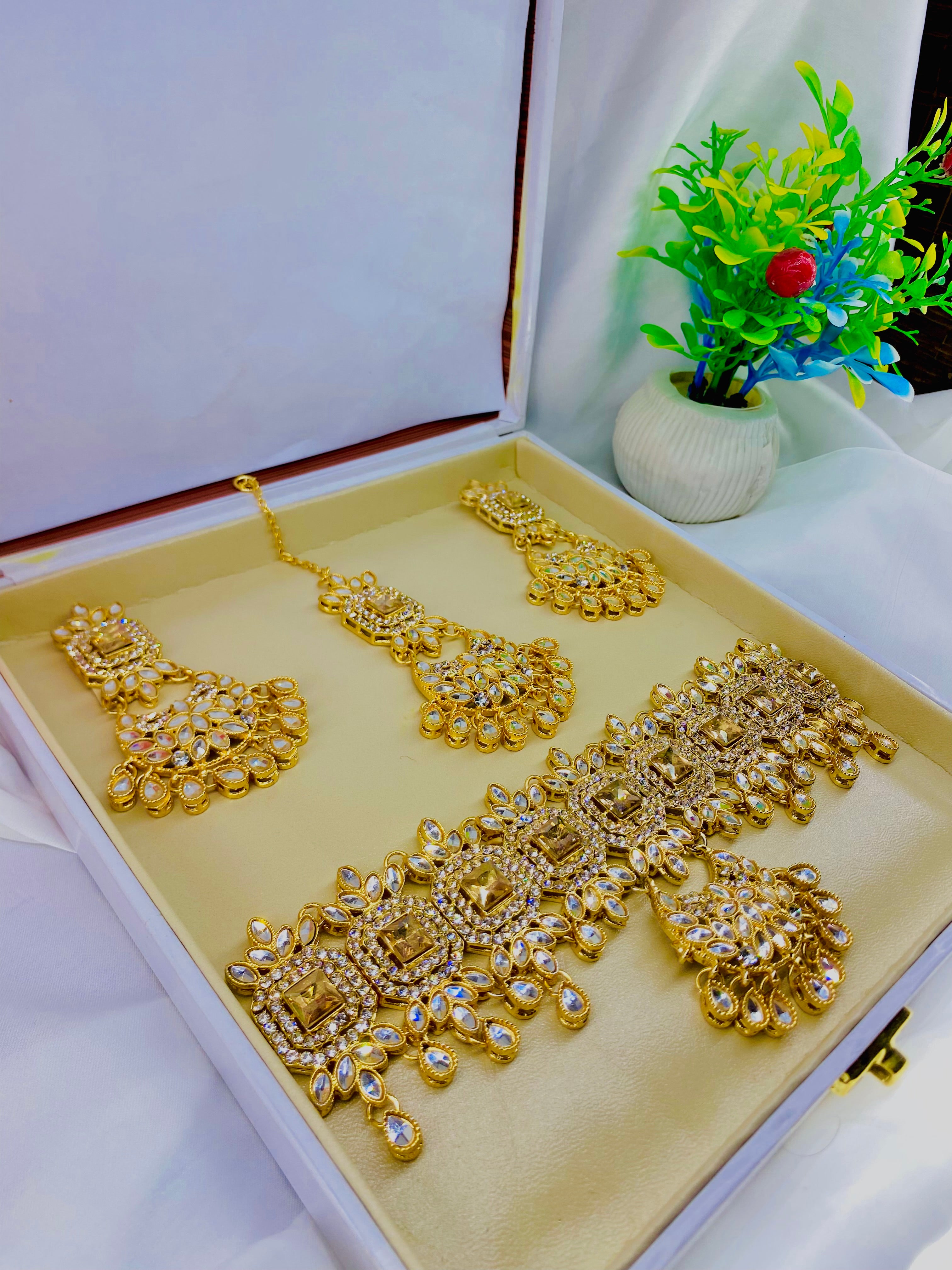 Elegant Gold-Tone AD Stone Choker Set with Maang Tikka and Earrings
