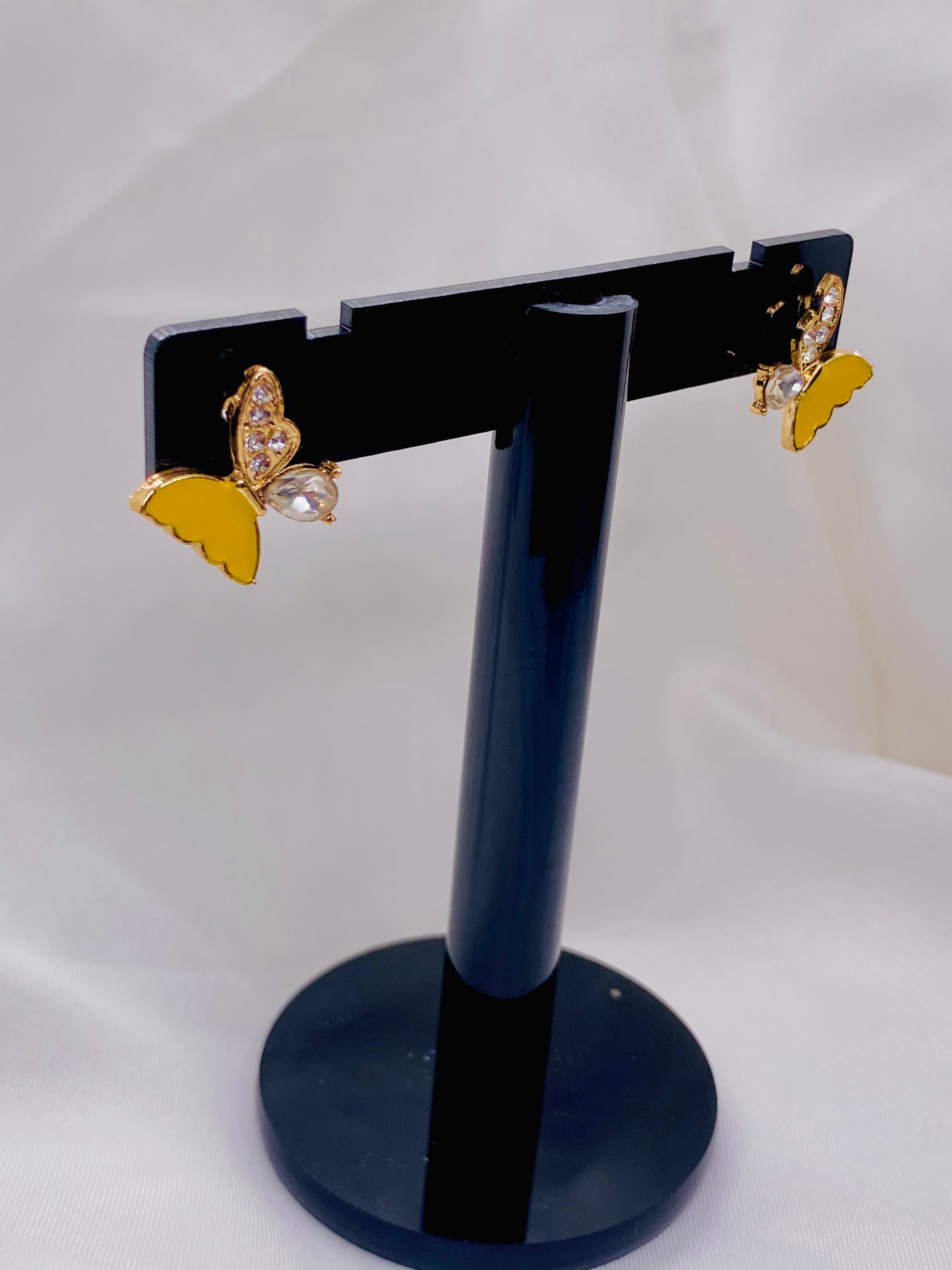 Chic Yellow Butterfly Stud Earrings with Crystal Detailing