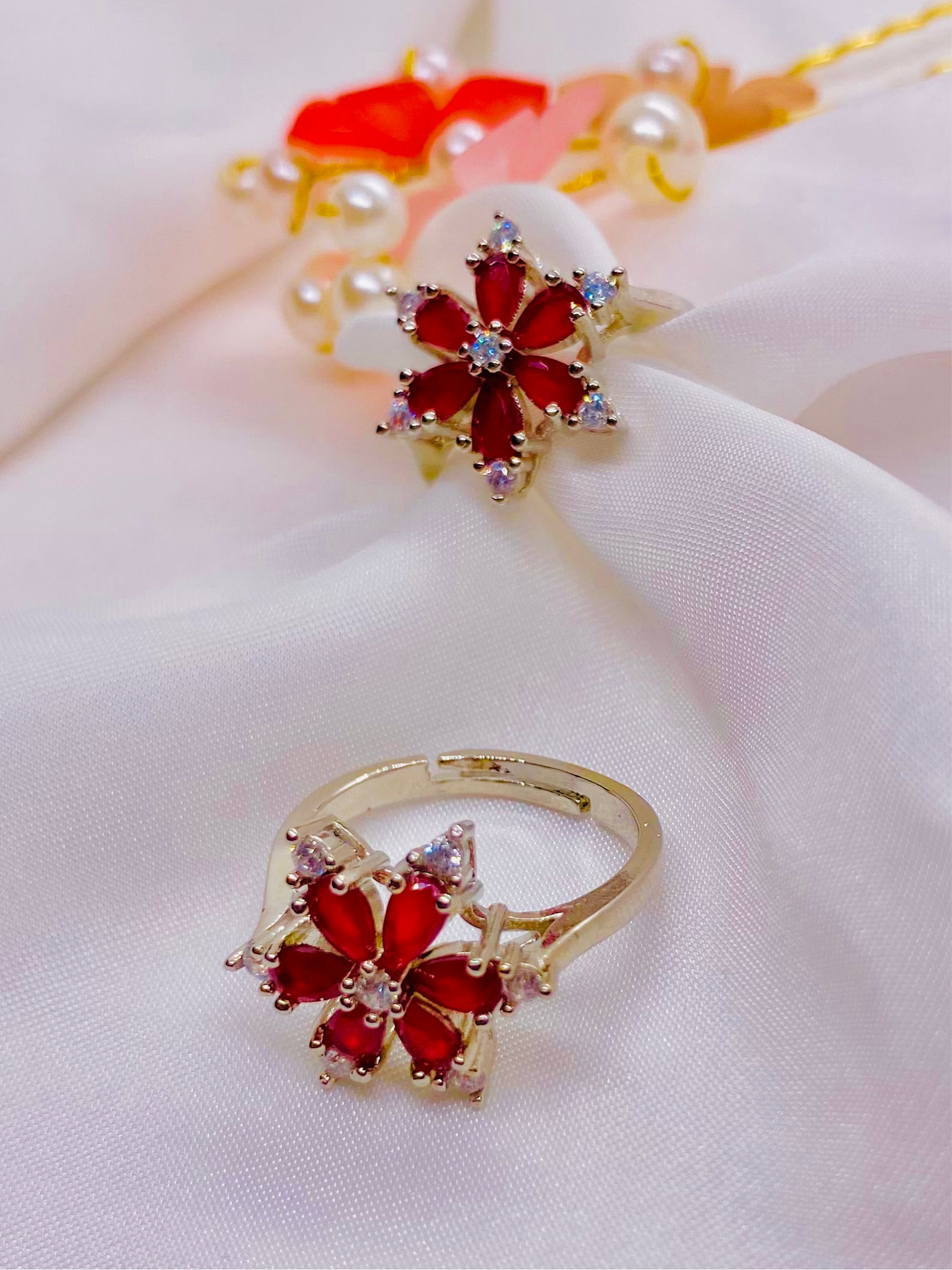 Charming Red Blossom Rings with Crystal Accents