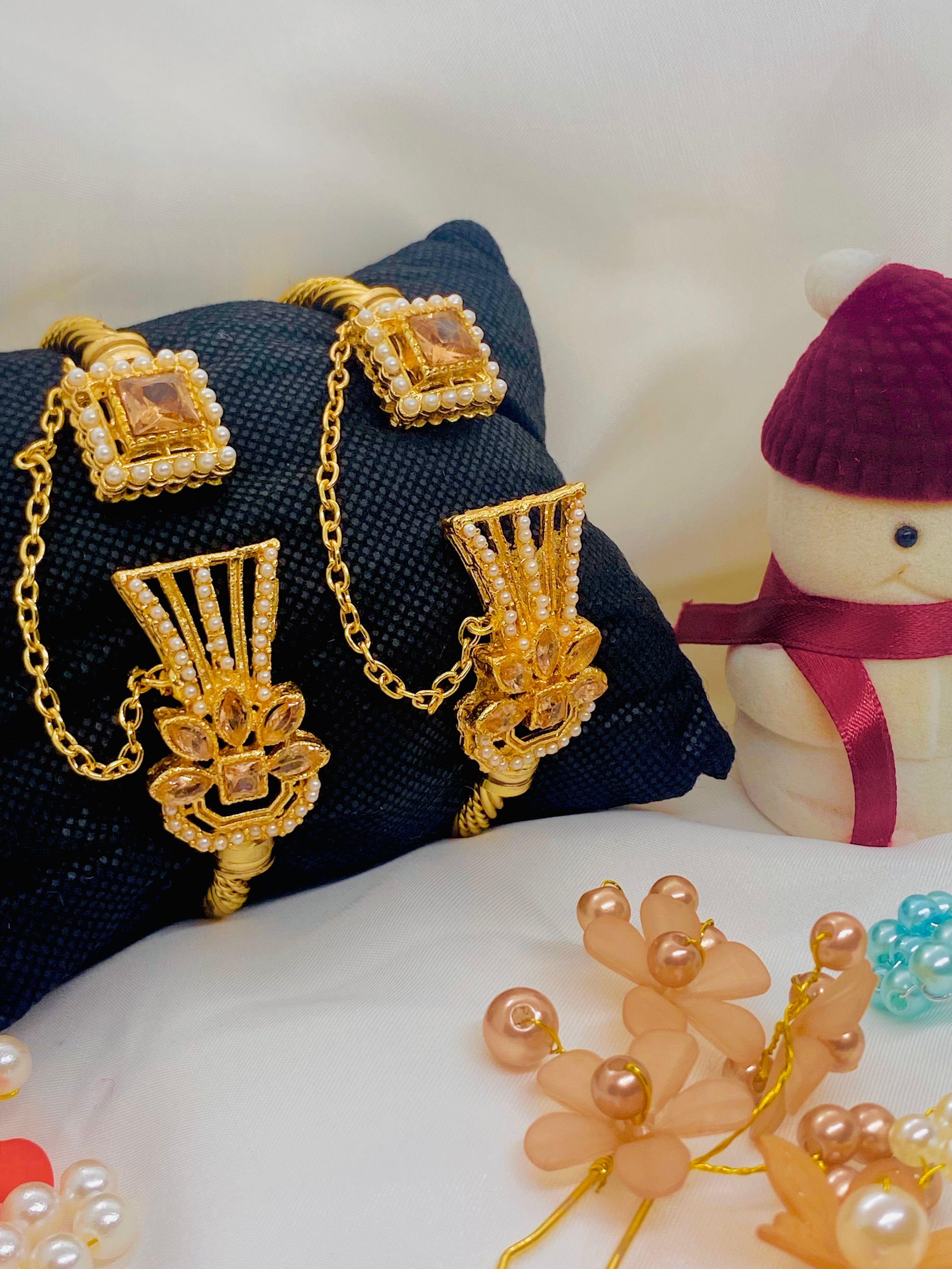 Gold‑Plated Hathphool with Pearl & Pink Crystal Detailing – Set of Two