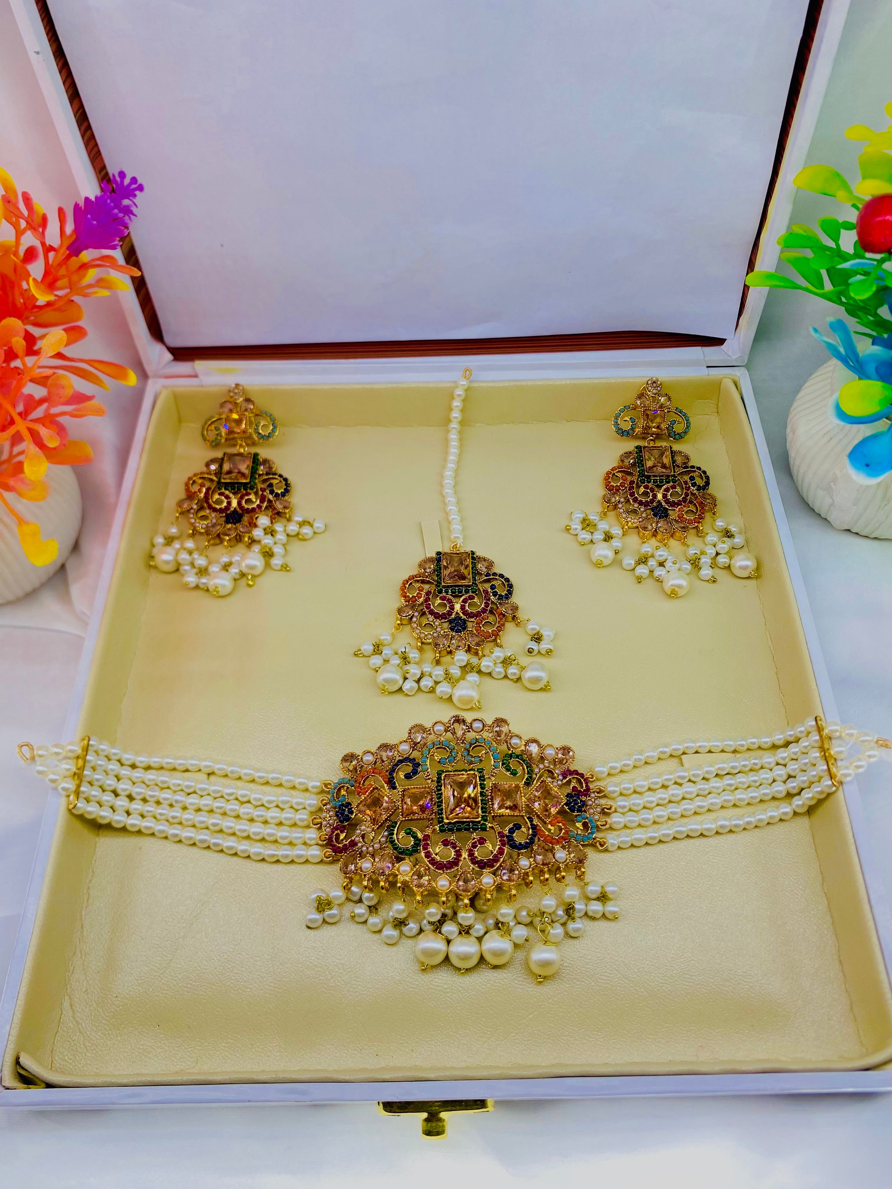 Regal Kundan Pearl Choker Set with Maang Tikka and Earrings