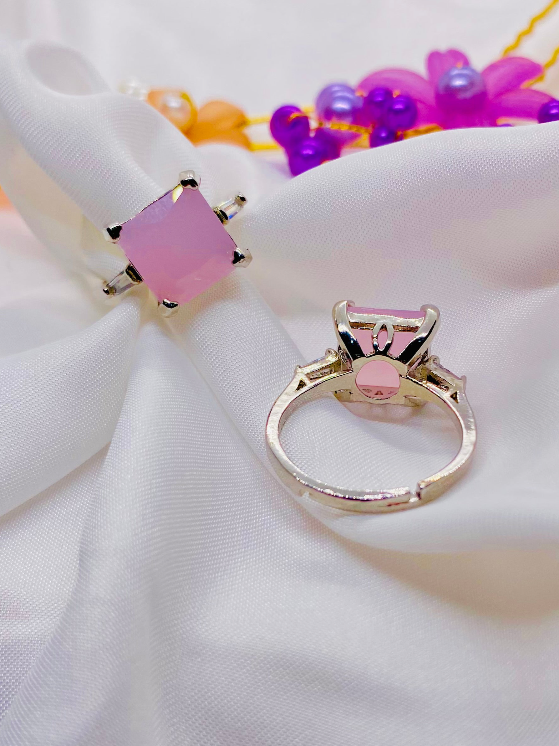 Soft Blush Pink Stone Rings in Silver Setting